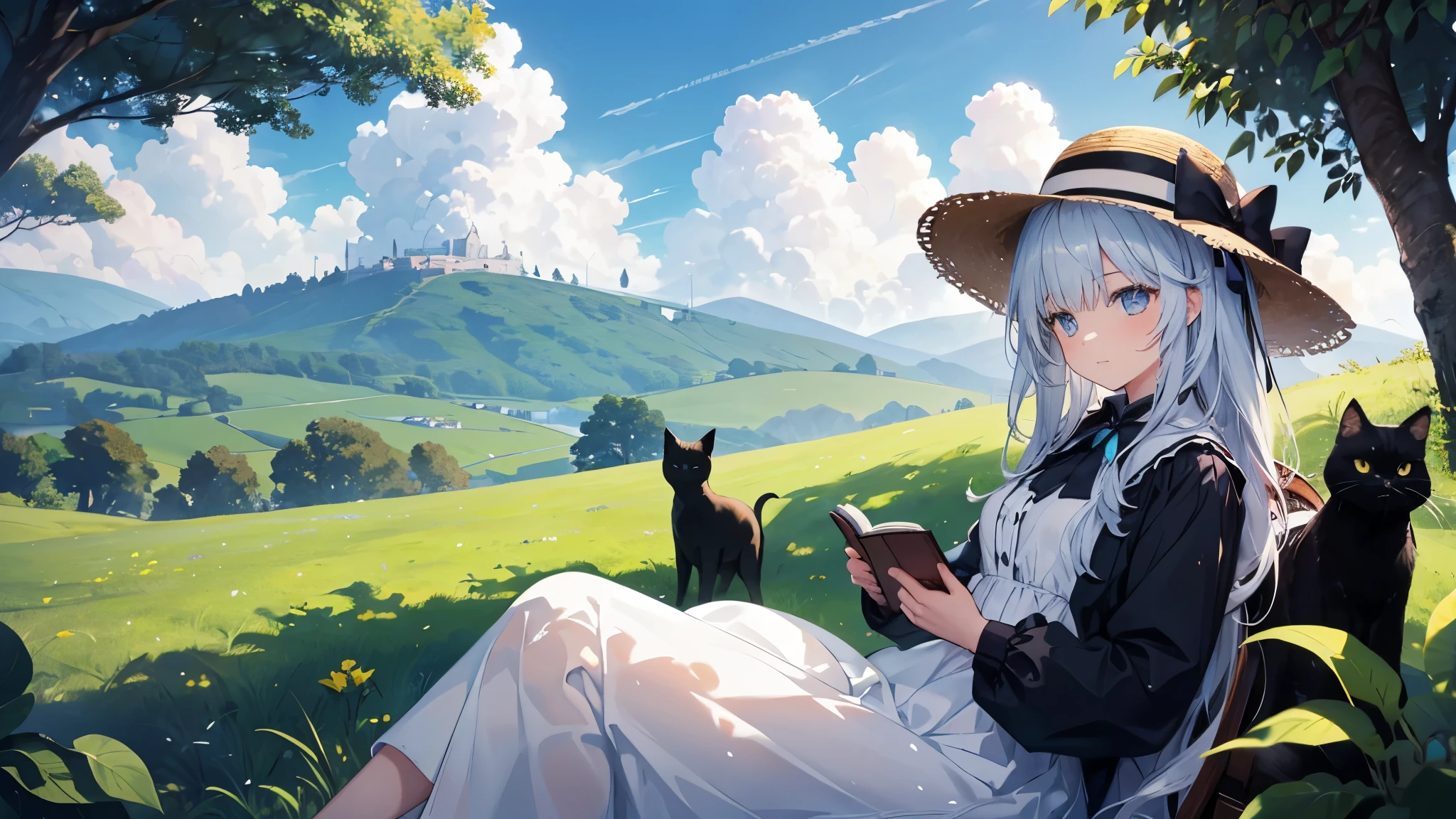 A girl is reading a book under a tree on a hill in the middle of the wilderness. The sky is clear and there is a big cloud. A black cat is near the girl. The girl is wearing a white dress and a straw hat.