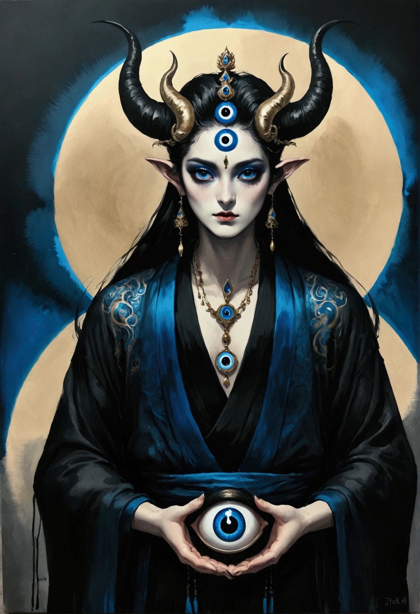 Ink Painting,Third Eye Vision。king,horn,3d,Dark eyeshadow,whole body,robe,Wide Angle,Black and blue