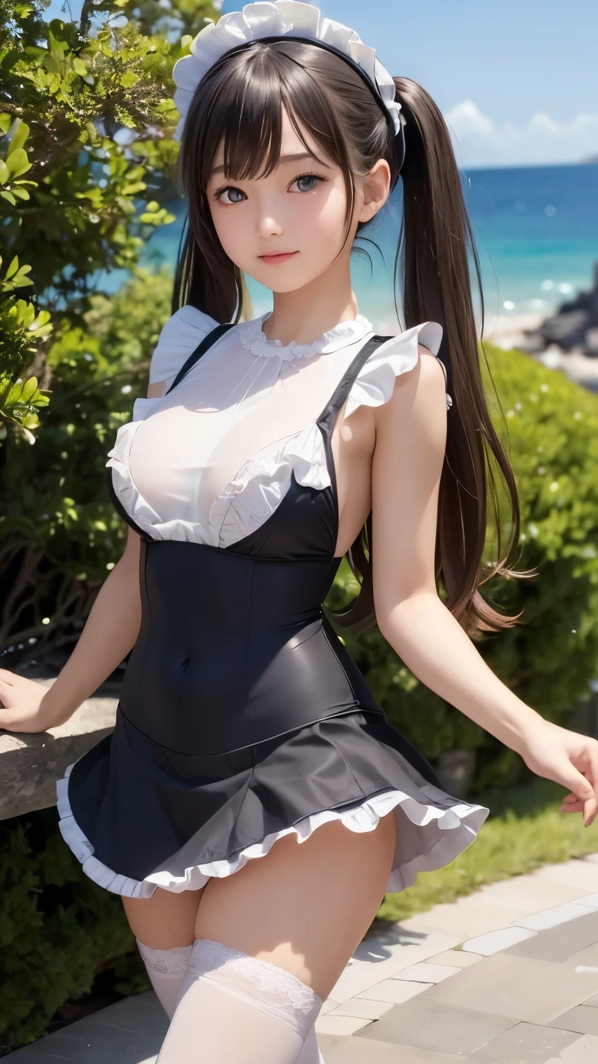 ((masterpiece)), ((highest quality、Ultra high definition)), (Very detailed),8K、Photo quality、((Amazingly cute girl)),)), Two people, , (Beautiful emerald blue eyes), ((smile)),In the open-air bath overlooking the sea, Beautifully arranged black hair in twin tails、スリムボディー、((Cute lolita maid stylimsuit))、Professional Lighting、(White lace knee-highore detailed and beautiful)、(More details and cutenesore realistic)、((Just wear light clothing))、プールではしゃぐ、