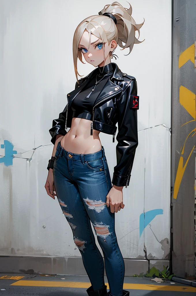 1female, ash blonde hair, styled in a sleek high ponytail, bright blue eyes, confident expression, fitted black leather jacket, white crop top, ripped skinny jeans, chunky combat boots, a silver choker necklace, urban graffiti background with vibrant colors and street art, detailed face, hands to side, standing on path