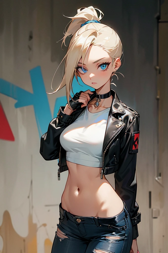 1female, ash blonde hair, styled in a sleek high ponytail, bright blue eyes, confident expression, fitted black leather jacket, white crop top, ripped skinny jeans, chunky combat boots, a silver choker necklace, urban graffiti background with vibrant colors and street art, detailed face, hands to side, standing on path