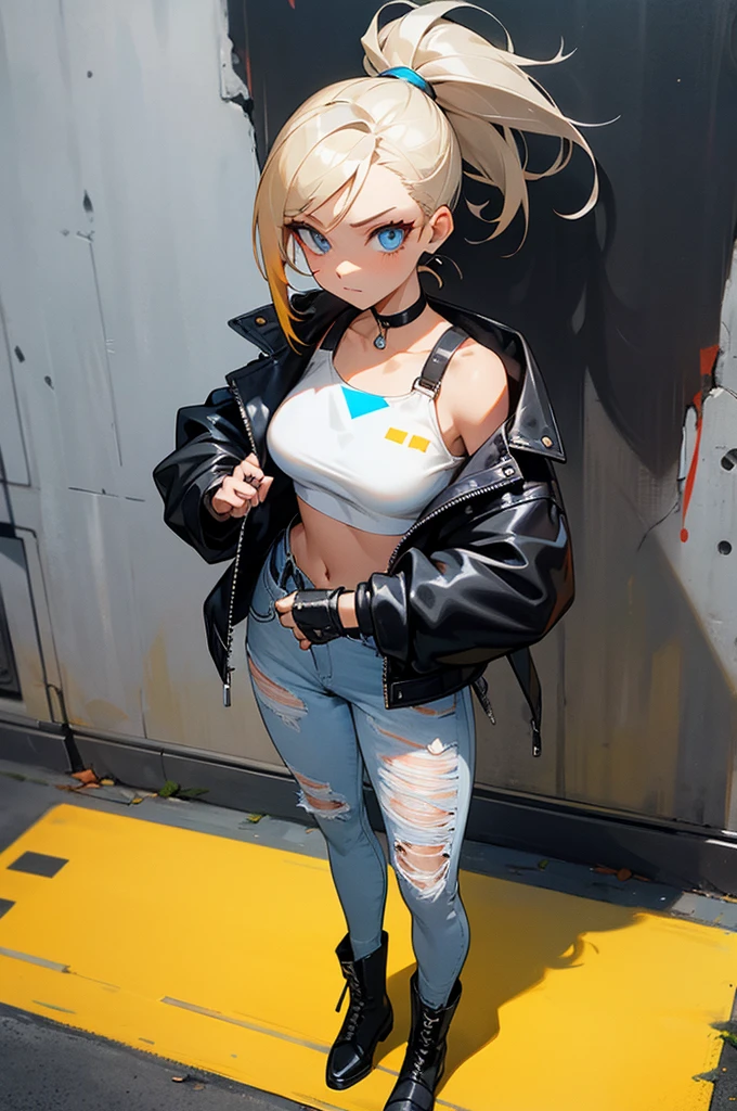 1female, ash blonde hair, styled in a sleek high ponytail, bright blue eyes, confident expression, fitted black leather jacket, white crop top, ripped skinny jeans, chunky combat boots, a silver choker necklace, urban graffiti background with vibrant colors and street art, detailed face, hands to side, standing on path