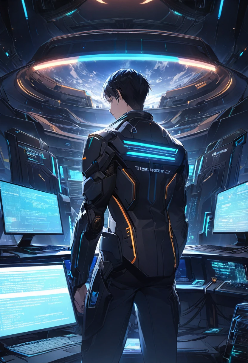 Ultra high quality，Science Fiction，Boy's back，The back is very small，The world is big，dark，Science Fiction，science and technology ，Digital，Computer World，Code，Code世界，整个世界都是Code