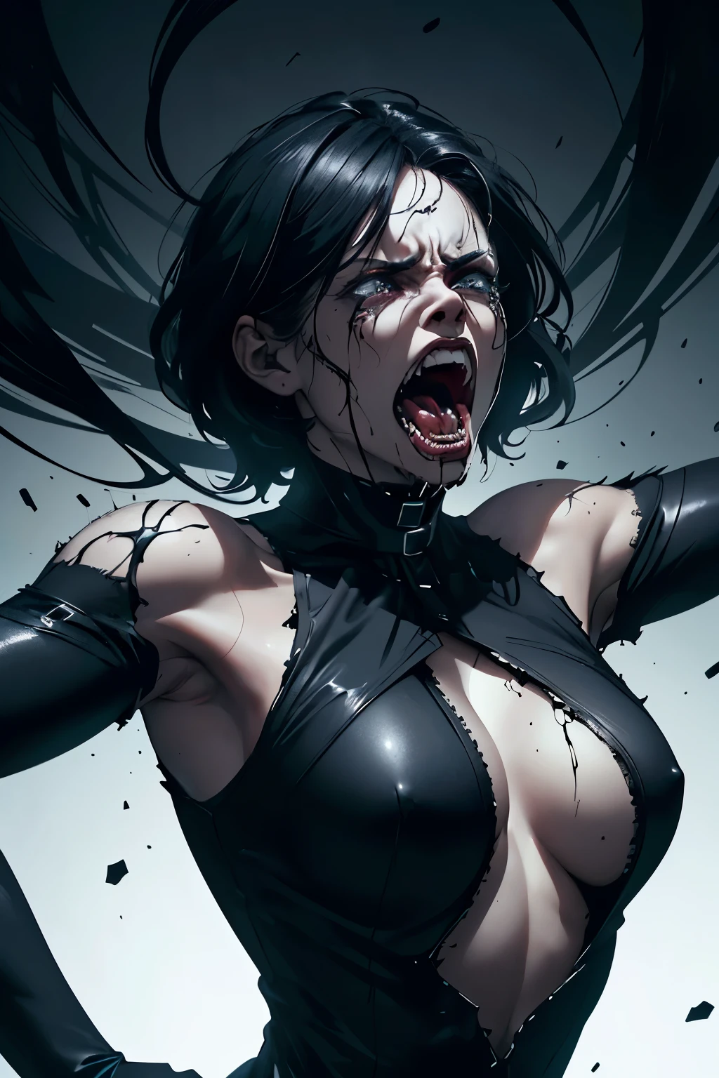 There is a woman in a black top and a black collar, digital art 4k unsettling, stunning digital illustration, emotional concept art, screaming. Not real, Terrifying digital art, 4k detailed digital art, 4K Digital Imaging, digital anime art, Beautiful crying! android woman, inspired by Aleksi Briclot, anger. hyper detailed, screaming in agony