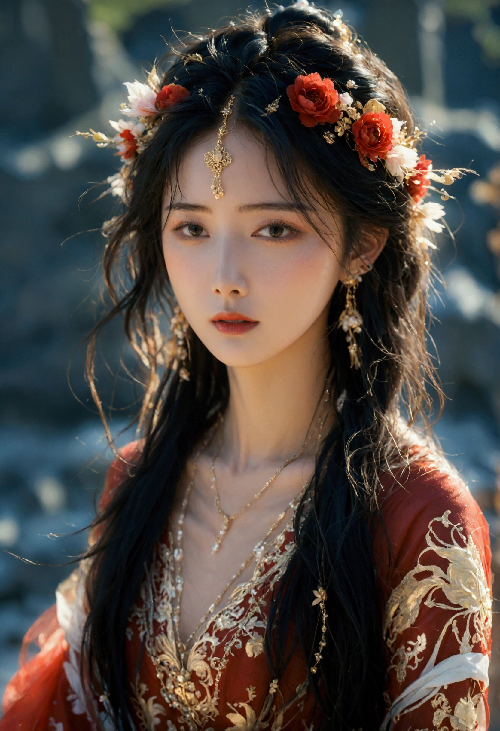 beautyful woman in a silk dress with a flower crown on her head, red and gold attire a stunning portrait of a goddess, a beautiful fantasy empress, traditional beauty, beautiful oriental woman, portrait of a beautiful goddess, wearing an ornate outfit, wearing ornate clothing, extremely detailed goddess shot, ((a beautiful fantasy empress)), dressed in ornate, goddess. extremely high detail, ornate clothing -style 999