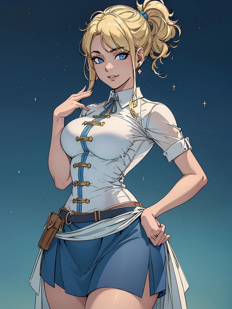 Just one girl,Best quality, 4k, high resolution, body stuck dress, perfect smile, gorgeous, light skin, ahegao face(hentai face) ,blonde hair, pony tail hair,
Wearing white office shirt, wearing blue short skirt,clothes are stuck in body, bodyfit outfit,1 girl, solo, seductive look, elegance and charm, (masterpiece, best quality, high resolution), looking at the viewer, standing, (intricate and beautiful:1.2), (detailed light:1.2), (soft light, side light), (high resolution textures, outdoor, Burmese girl, wearing gorgeous jewelary, wearing harness over the outfit ,outdoor background, sun light, attractive, sexy, mature and hot, young,(masterpiece:1.3), (disorganized:1.3), (highest quality:1.3), perfect anatomy, detailed face, front view, perfect right hands, looking at viewer, (Super detailed:1.3), (best shadow:0.7), (treated hair), fine eyes, beautiful eyes, young aged woman, alone, standing, crystal earrings,closed_mouth, , outdoors,Thick thighs, arrogant face, small 