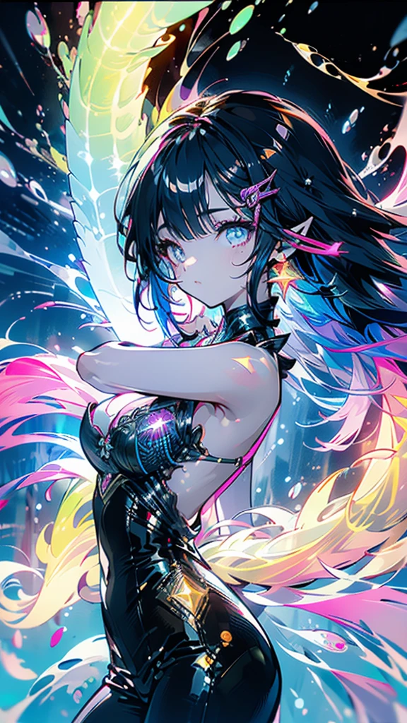 a (Stunning young Malaysian woman strolling)(Friendly fluorescent tentacle creature) In the starry sky、Neon lights on the beach, Otherworldly Skies