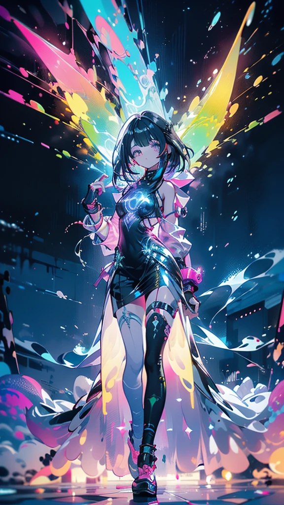 a (Stunning young Malaysian woman strolling)(Friendly fluorescent tentacle creature) In the starry sky、Neon lights on the beach, Otherworldly Skies