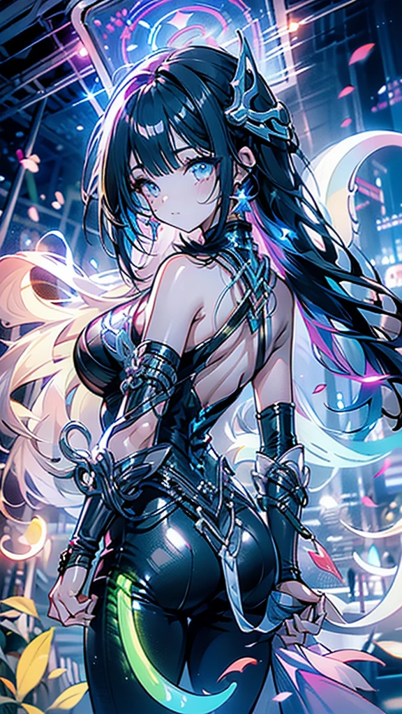 a (Stunning young Malaysian woman strolling)(Friendly fluorescent tentacle creature) In the starry sky、Neon lights on the beach, Otherworldly Skies