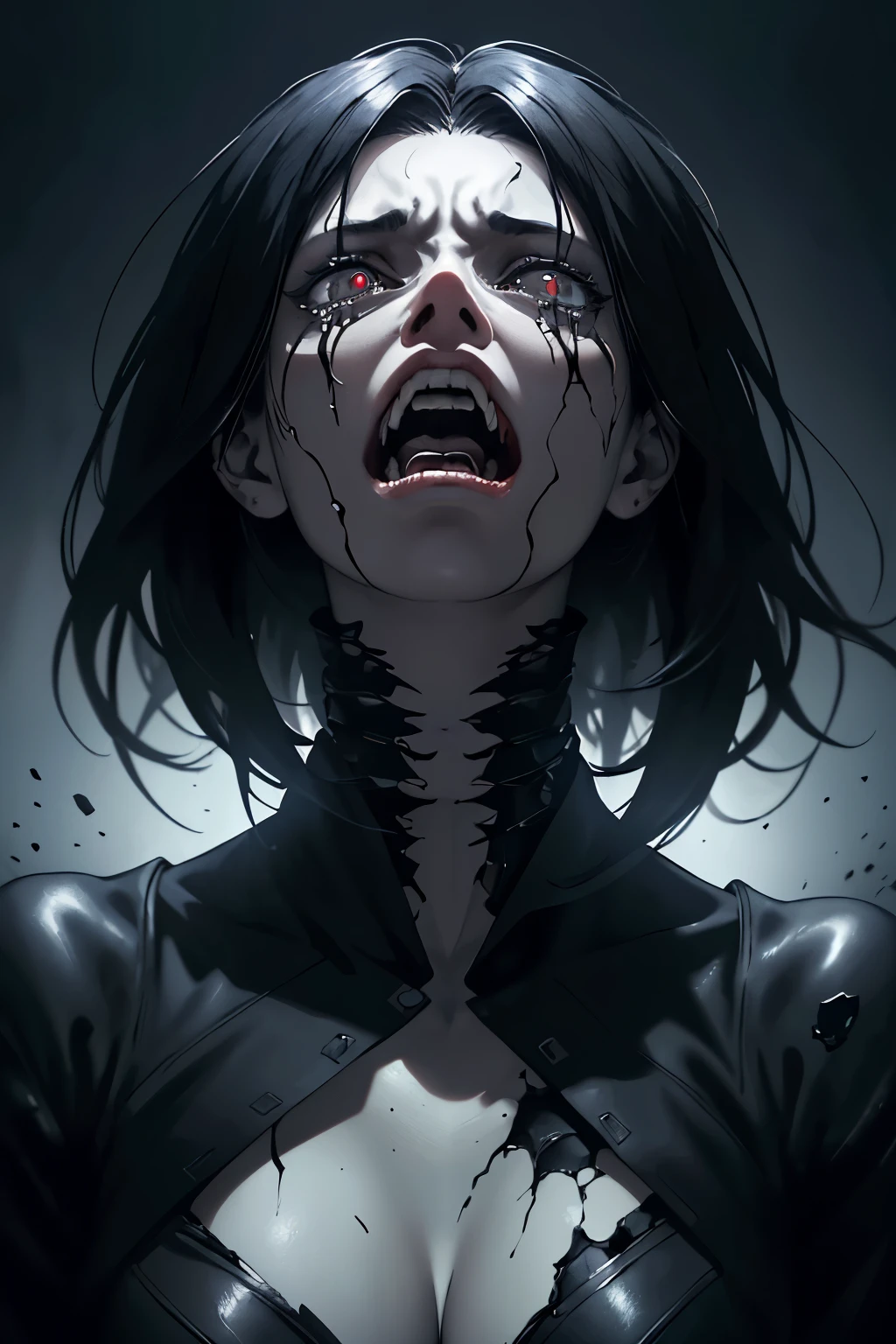 There is a woman in a black top and a black collar, digital art 4k unsettling, stunning digital illustration, emotional concept art, screaming. Not real, Terrifying digital art, 4k detailed digital art, 4K Digital Imaging, digital anime art, Beautiful crying! android woman, inspired by Aleksi Briclot, anger. hyper detailed, screaming in agony