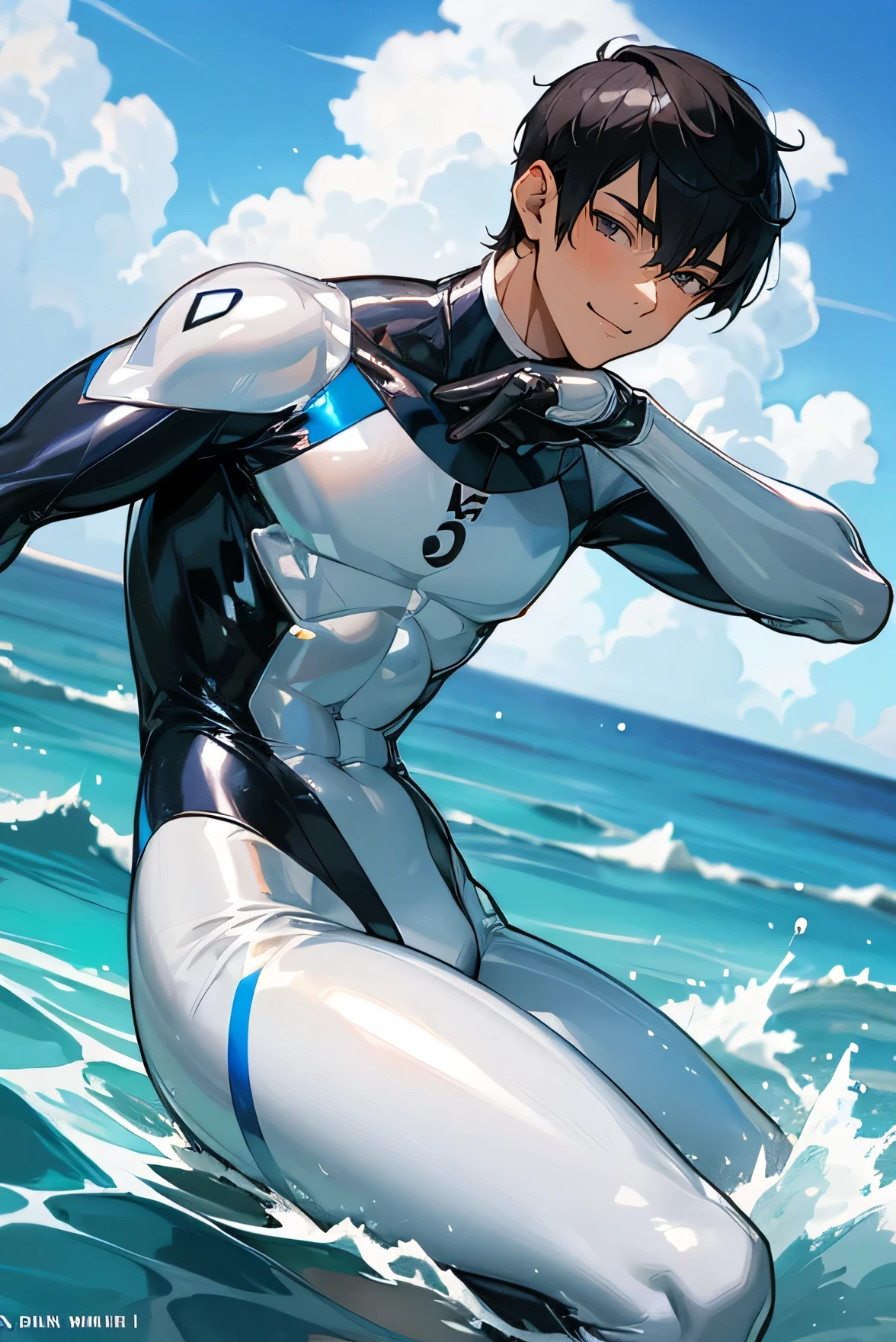 Handsome Japanese male models Black Hair Short cut Shaved head Slim figure smile looking at the camera soaked Ocean Shiny white and silver suit Shiny silver latex suit Compression Suit Mega Bulge Bright blue sky up dynamic pose クローズup Upper Body Get down on one knee squat Leg spread