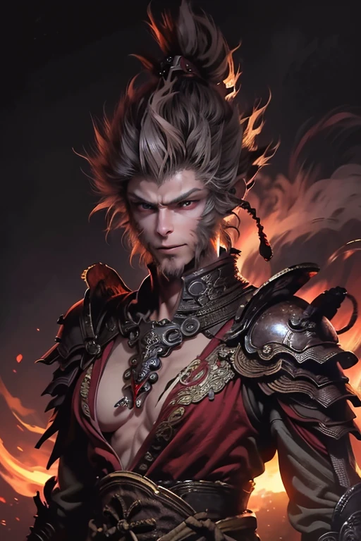 1 person, Fighting Stance, best quality, masterpiece, Perfect body, Delicate face, Perfect anatomical structure, Intricate details,, hair(), sun wukong, Wearing Chinese armor, (Fiery Eyes), Delicate eyes, Red glowing eyes, Grin, Expression, Katsuya Terada Son Goku,Back