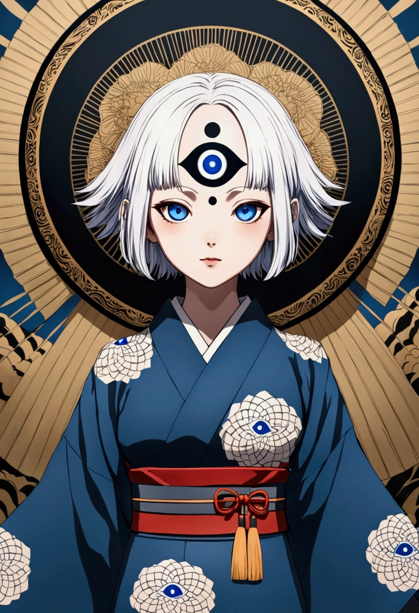 Japanese anime style,Third Eye Vision。White short hair,3d,Dark eyeshadow,whole body,kimono,Wide Angle,Black and blue