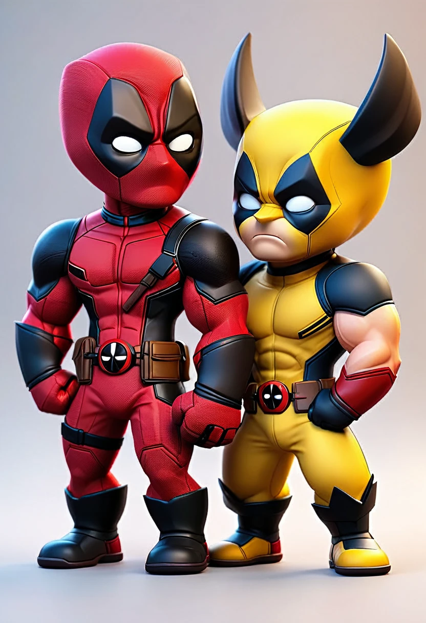 Deadpool and Wolverine, 3D chibi dolls made of embroidery crafts, cartoon style, background cinematic CG