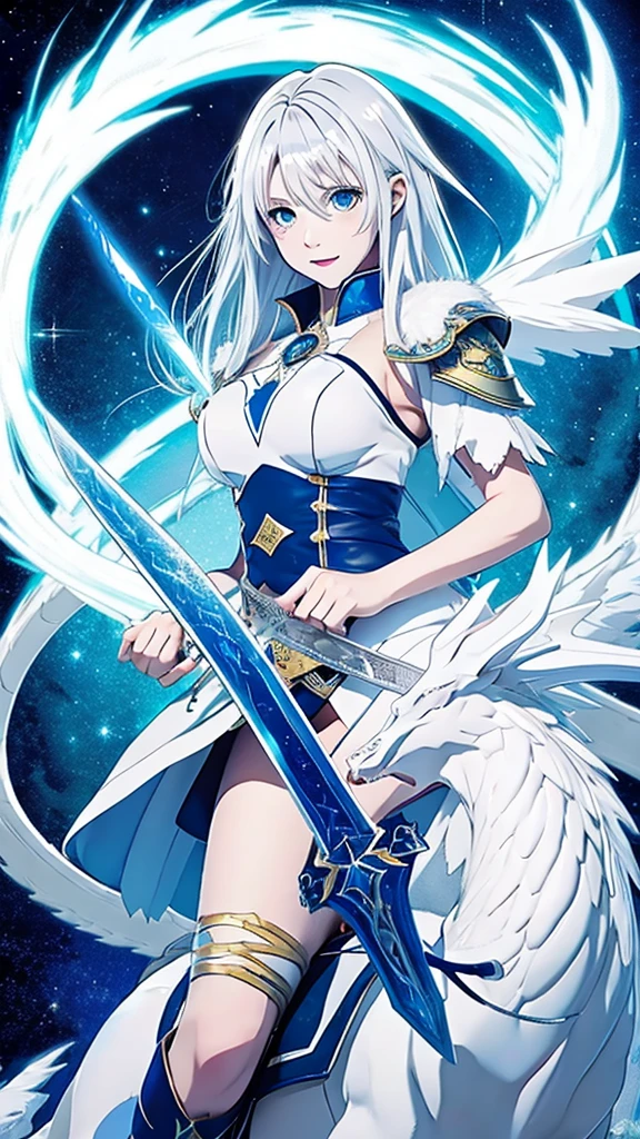 Blue eye, white hair, Ride a white dragon, soft, Blue star-shaped sword, star effect, fantasy, anime,girl