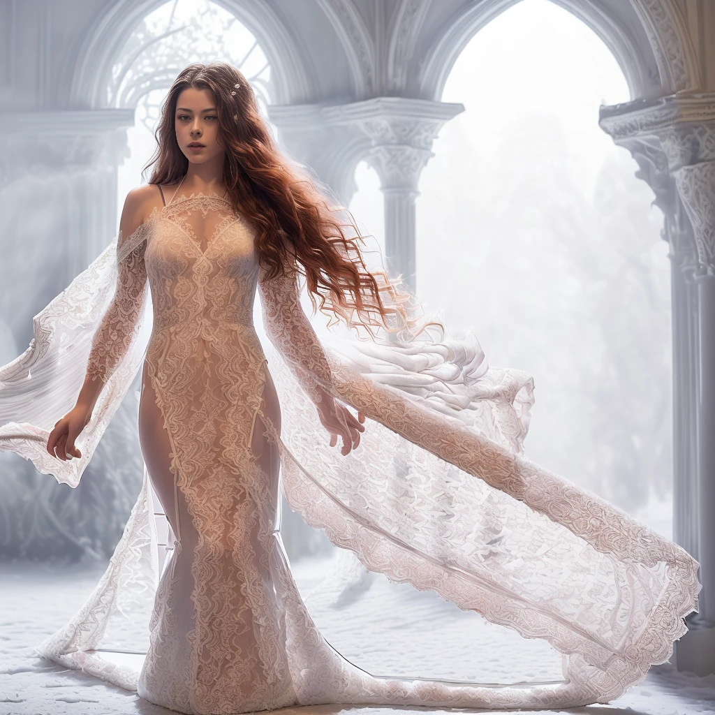 (Mackenzie Foy ginger hair stunning girl, 20 years old, red rose and orchid garden, epic , ( white long lace thin ripped gown:1.8),(long, messy hair, hair floating in the wind:1.6), blue eyes, detailed eyes, detailed lips, (lies nude, sensual, full body:1.5), (photo from low angles:1.5), (creepy and scary interior of a Gothic castle, abandoned with fog and fog, snow:1.3), low neck, ray tracing, (best quality, 4k, 8k, high resolution, masterpiece:1.2), very detailed, (realistic , photorealistic, photorealistic :1.37), HDR, UHD, masterpiece, professional, vivid colors, bokeh, studio lighting