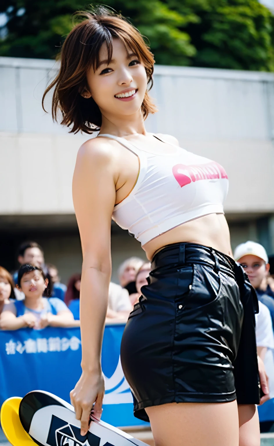 ((細部までこだわったPerfect Anatomy)) ,masterpiece,Ulzan 6500,(Realistic photo),(((Her short hair is styled in a bouncy style))),Competitions take place in front of a packed crowd on a specially built, rugged skateboarding stadium with a view of the Eiffel Tower,(((A young and beautiful Japanese athlete with outstanding style who wears baggy cargo pants and sneakers street style with the hem of her T-shirt exposed))),(((He stood on the edge of the course with a serious look on his face, his helmet on, his skateboard held up in both hands, and a smile on his face as he appealed to the spectators.))),(((Perfect Anatomy:1.6))),(((Urzan-6500))),(((Hasselblad produces deep depth of field for beautiful background bokeh))),masterpiece,Highest quality,Ultra-high resolution,Highly detailed portrait,High nose and beautiful face,Long limbs like a model,Her pale neck is dazzling,(((Her beautiful figure with a slim waist and large hips captivates the viewer.))),Lift your chin and laugh,((4K full-body shot from the front with the background included)),Cute 20 year old,Her beautiful and sophisticated performance left the audience in awe.,Boyish chestnut hair is sexy,(Boasting beautiful F-cup breasts),(Tilt your head and look over your shoulder, raising the corners of your mouth and eyebrows and smiling.),Long eyelashes and big eyes,((Glossy thick lips)),(((Perfect Anatomy:1.4))),A packed auditorium and a skate rink can be seen in the background.,(Delicate eyes and face),Professional Perspective,Amazing details,Beauty condensed into one girl,Beautiful chestnut bouncy hair,A beautiful face with double eyelids and a high nose,Long limbs like a model,Tight waist,Clear chestnut eyes,Glossy Lips,