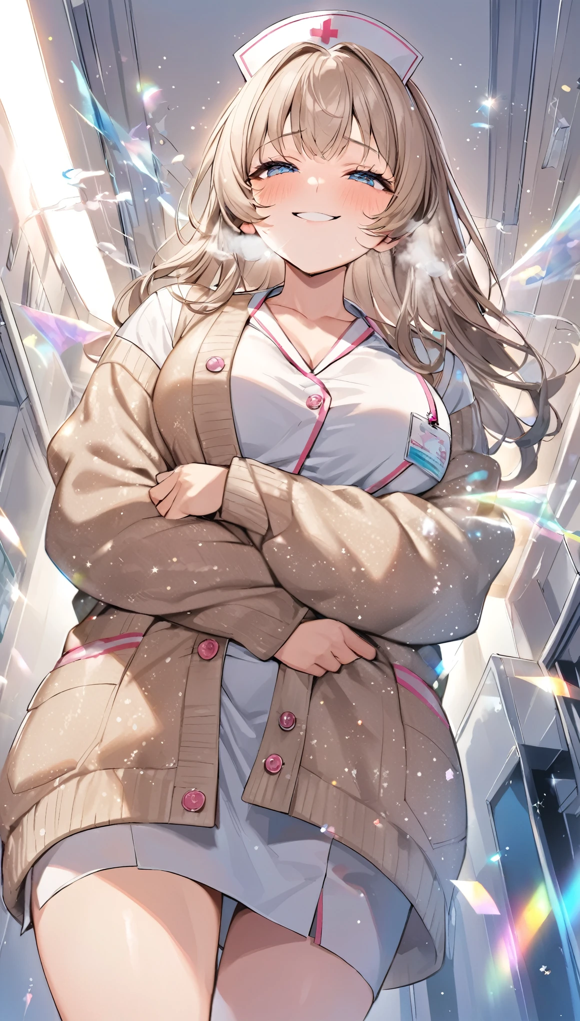 From below, Kind and beautiful nurse, Cool Face, Shy laugh, Outstanding proportions, Wear a loose cardigan over the nurse, glitter effects, Fogging effect