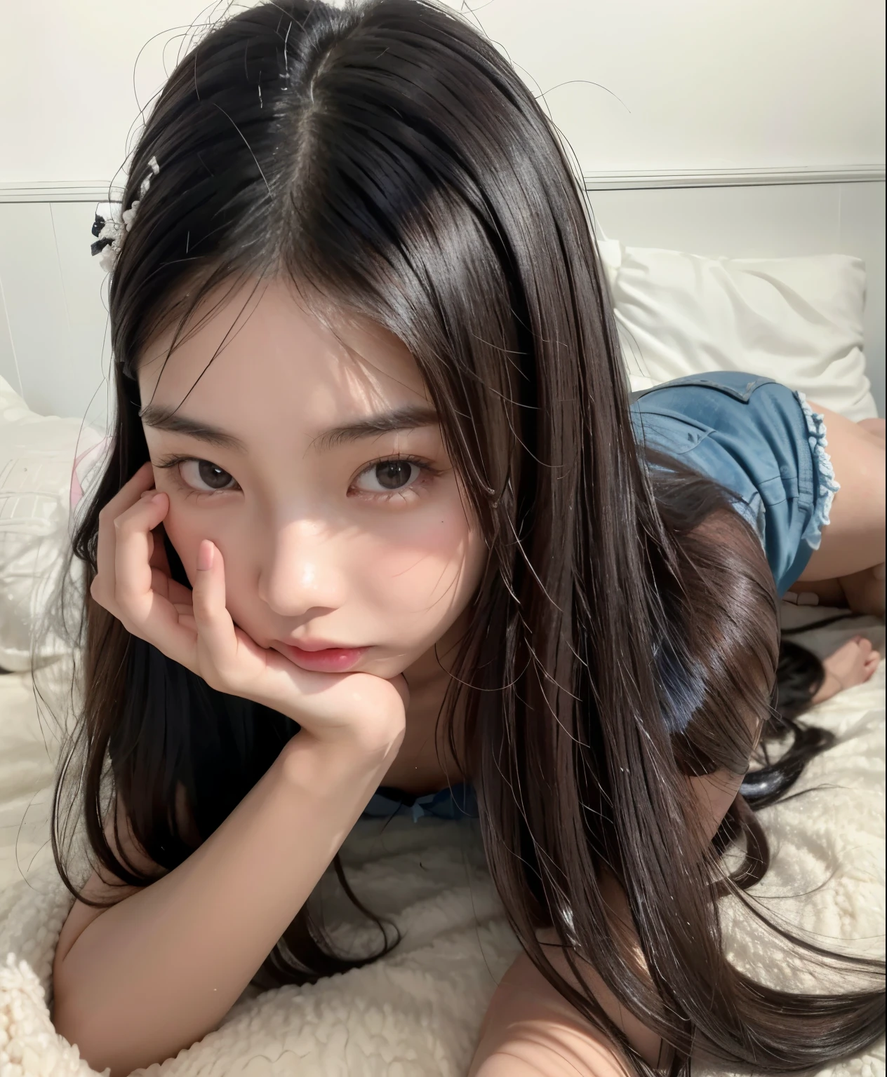 Arafed Asian girl lying on bed with her head on her hands., Chiho, young cute pale asian face, a woman with a pretty face, straight hairstyle, Lindo Core, Best Face, young asian woman, kimi takemura, Shikami, Asian girl with long hair, harumi, hime cut, With a cute face - it's okay