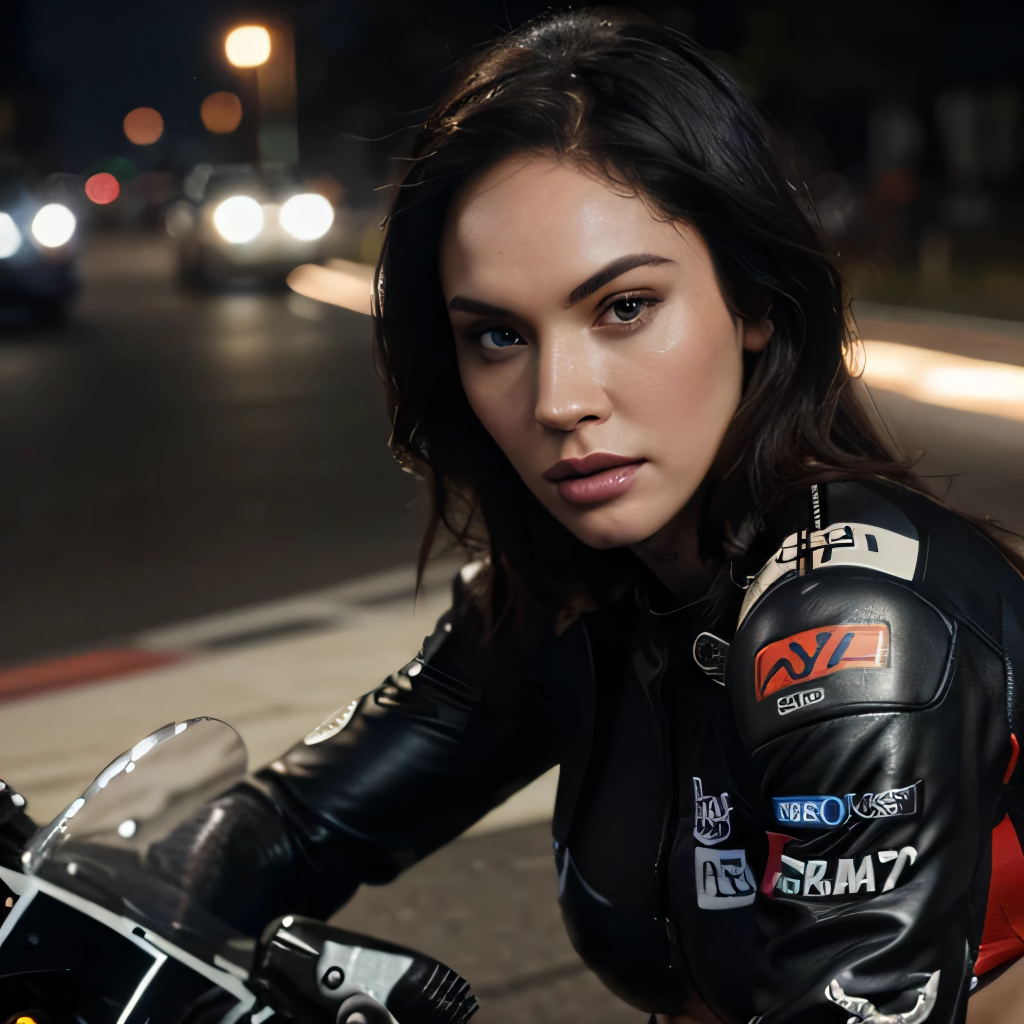 Megan Fox a highly detailed photo of wearing a bikiny , beautiful detailed eyes, beautiful detailed lips, extremely detailed face, long eyelashes, intricate leather textures, dynamic motorcycle racing pose, cinematic lighting, dramatic shadows, hyperrealistic, 8k, photorealistic