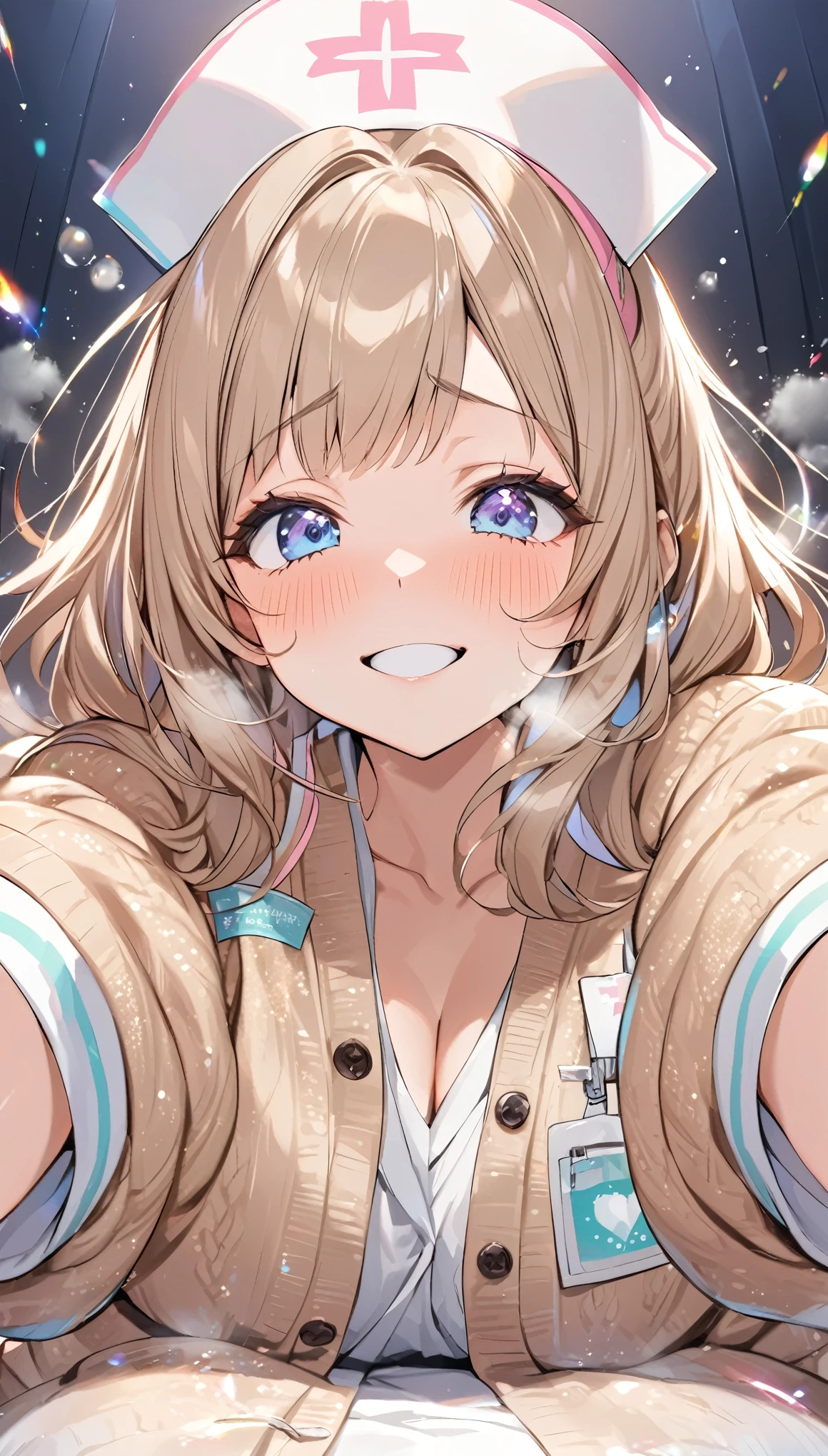 From below, Kind and beautiful nurse, Cool Face, Shy laugh, Outstanding proportions, Wear a loose cardigan over the nurse, glitter effects, Fogging effect