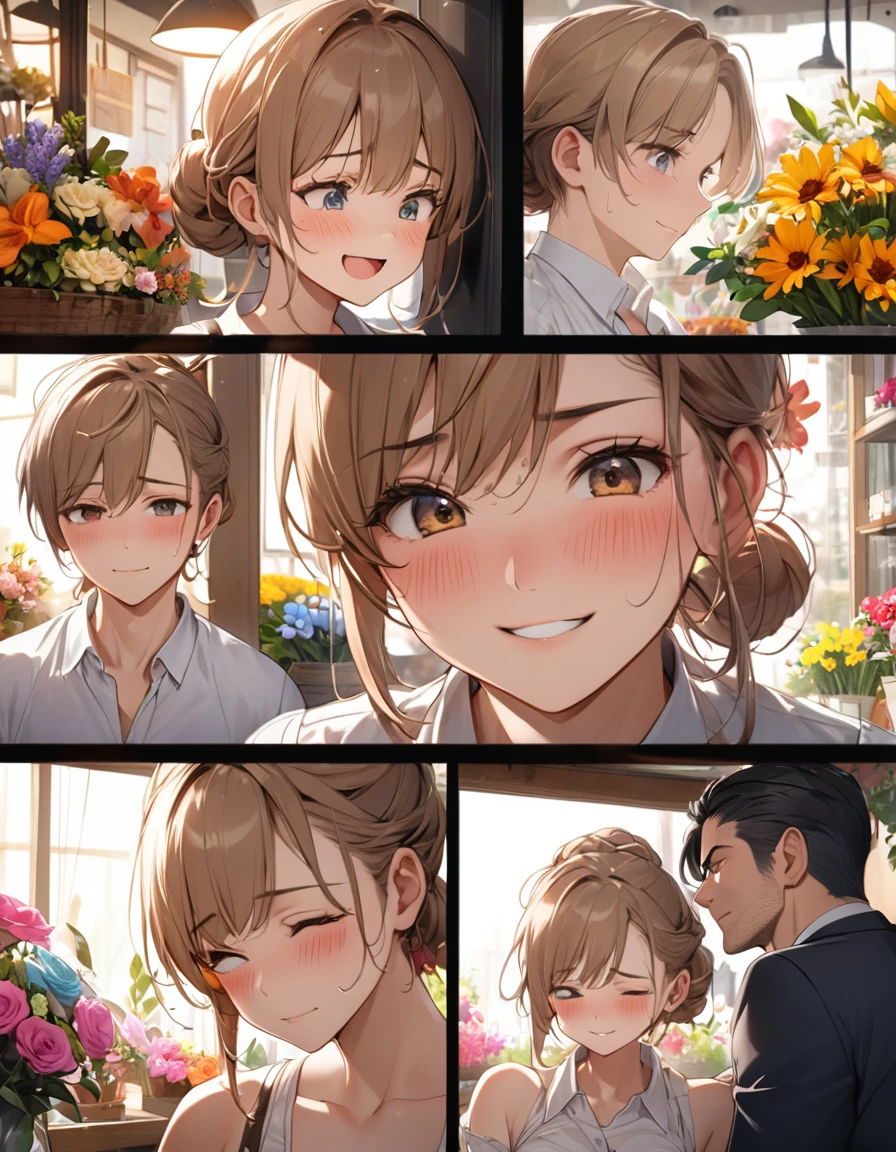 (masutepiece, digital art, Digital Illustration, 4K, 8k, Ultra-detailed, beautiful image, Sharp Image, Photorealistic, Raw photo, Perfect face, Perfect lines, Perfect eyes, Soft lighting) 1 woman, (lightbrown hair,Chignon Hair,Innocent look,drooping eyebrows,drooing eyes,with round face,Round jaws、Innocence,cute little,big eye,natural make up,kindly smile,E-cup,23 y-o woman:1.3),Two handsome men in suits, (ember,Men in suits,well-muscled,Firm shoulder width,Adult male,Boyish hairstyle,Man in his 30s with a cool expression,28-year-old man with bright smile:1.2),Flower Shop,In the storefront of a florist,Flower Cottage,colorful flower,Skinny Denim,white shirt,(Nervous,be shy,sleepy,embarrassed from:1.1),the kiss、kiss、a couple、couple kissing、Romance、Romance、ssex、have sex、Wet pubic area、Insert 、rape、Overflowing、A slight smil、Florist full of light,wretched、solo,Full body painting,(One Girl And One Man,Having sex:1.5),(ember,Adult male,Rubbing the girl's boobs:1.2),Cheek dyeing、gasping face、embarrassed、boredom、begging、Unhappy、Greedy expression,Wet pubic area、 xen、