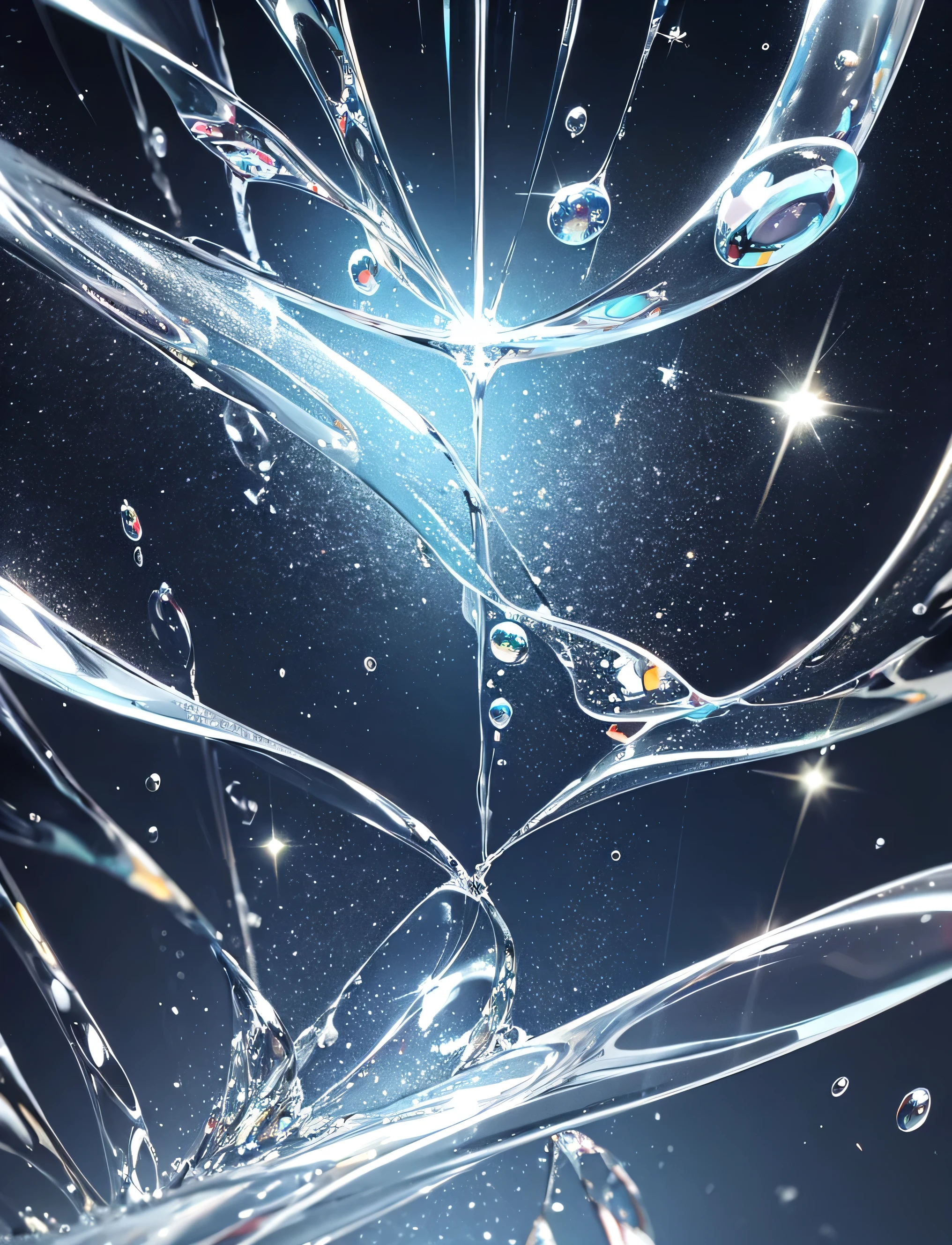 Artistic water droplets, suspended in the water space. Water droplets with clear details, sparkling effect like diamonds. Extremely detailed and clear.