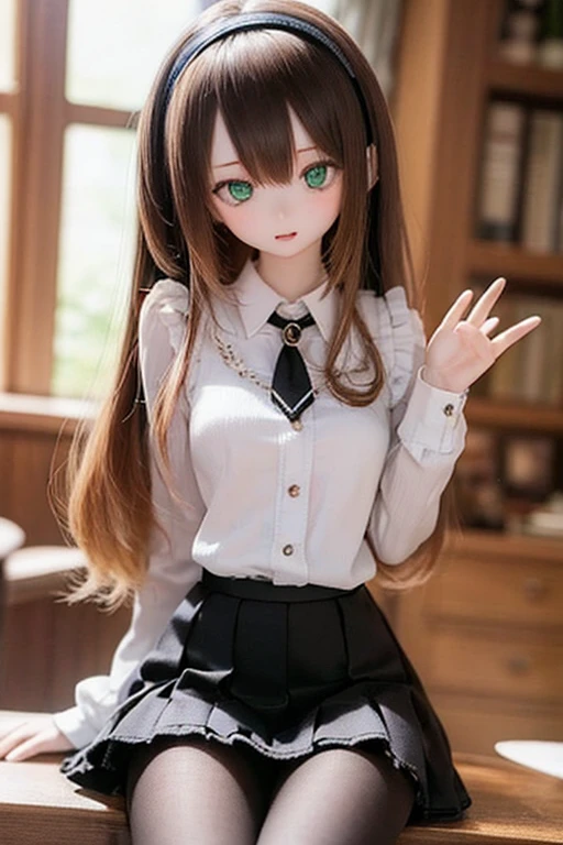(SFW:2), photorealistic, realistic photo, 8k, ((highest quality)), ((masterpiece)), (extremely detailed), kukolnydom, doll, (mature woman, 21yo, 21 years old, solo:1.6), ((cowboy shot, sitting on desk, head tilt, waving, slim, slender, skinny, medium breasts, hairband, ascot, vest, blouse, long puff sleeves, pleated skirt, black pantyhose)), (green eyes, brown hair, long hair, plastic skin, looking at another, glass eyes, gradient eyes, shining eyes, detailed eyes:1.3)