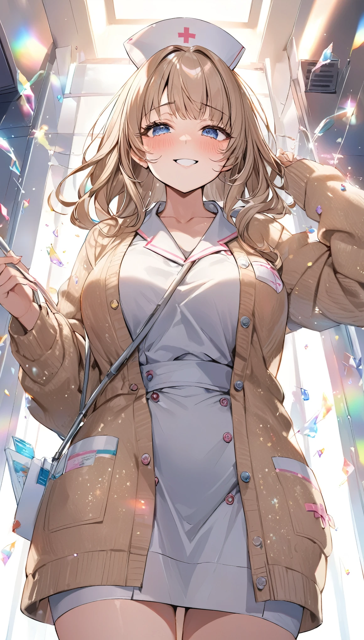 From below, Kind and beautiful nurse, Cool Face, Shy laugh, Outstanding proportions, Wear a loose cardigan over the nurse, glitter effects, Fogging effect