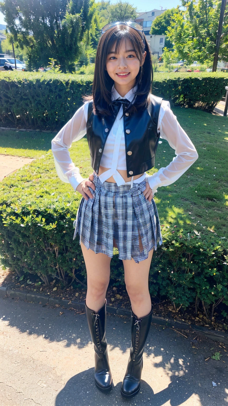 (8k、RAW Photos、Highest quality、masterpiece:1.2)、(Realistic、Realistic)、1 Girl、((See-through、Idol Costume、Exposed Skin、ribbon、Leather vest、Light blue and black checked mini skirt、Frilledium Hair、smile、whole body、boots、garden、View from the front、Looking at the camera、Hands on your hips))、cute