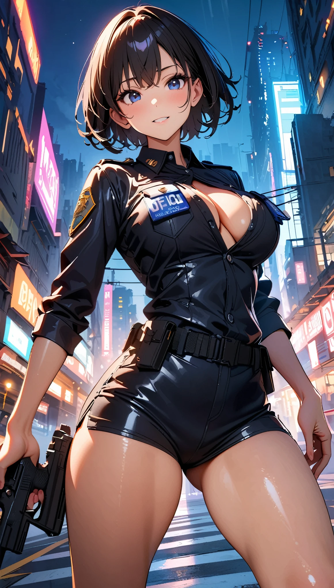 (Best quality, Ultra detailed, Golden ratio, Masterpiece:1.2), Theatrical lighting:0.7(ray tracing), 1 girl, Ren Amamiya from Persona 5, turned into a woman, posing, athletic body, small thighs, Big breasts,perky breasts, heart-shaped ass, tight pussy(shiny skin)(detailed skin) (perfect hands), posing, mature, sexual, attractive, lewd, orgasmic, blushing, very feminine, wearing a School uniform, thigh highs(perfect eyes), on a rooftop at night