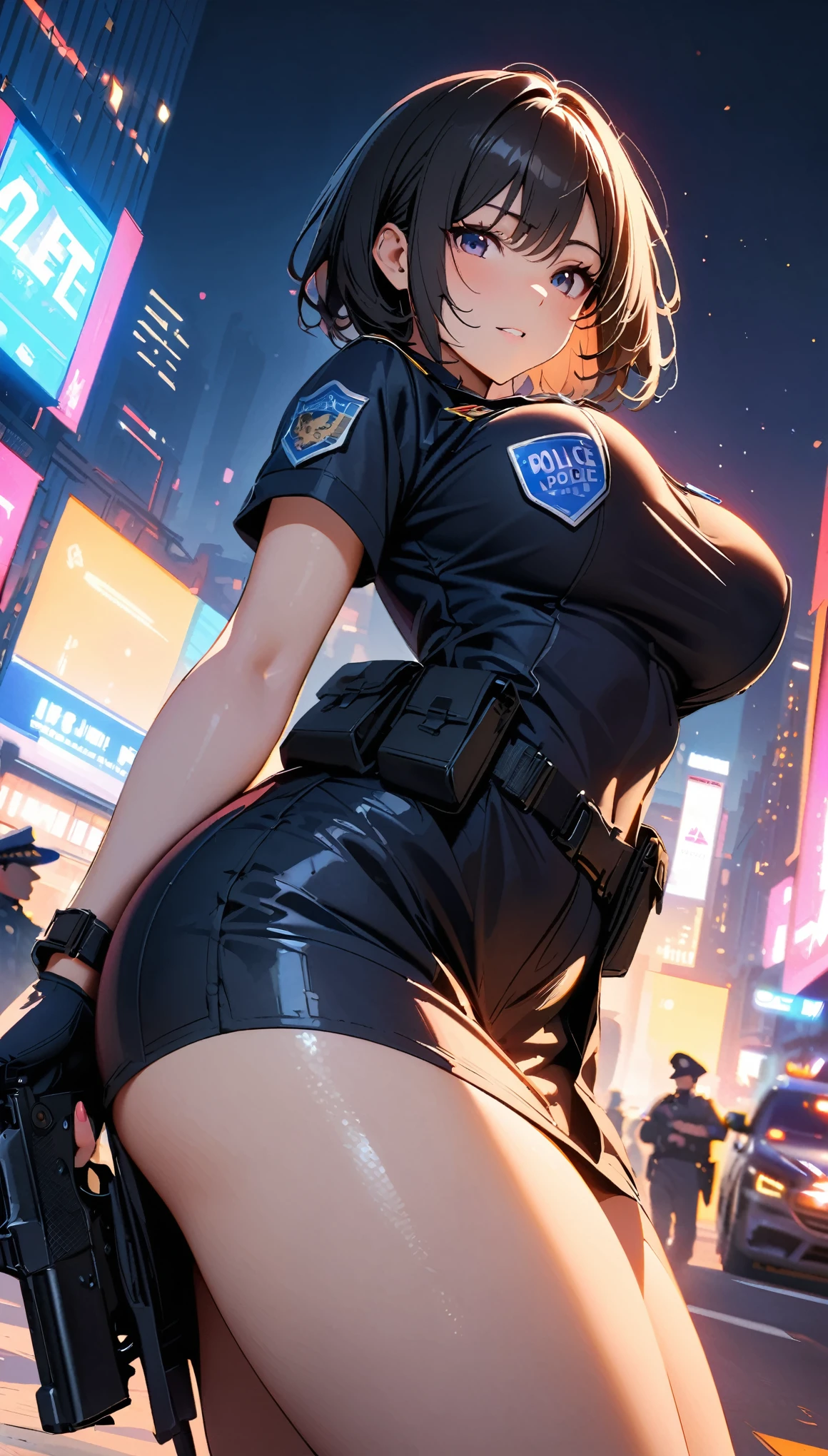 (high quality, 8k, 4k, high contrast, masterpiece:1.2, best quality, best aesthetics), (dynamic angle), Sexy female police officer, Detailed face and body, Beautiful breasts, confident look, (black hair, short hair), Shiny black uniform, Tactical belt with equipment, Glossy Badges and Name Tags, Carrying a small handgun, Standing in a dynamic pose, dutch angle, Flashing police car lights against cityscape background,