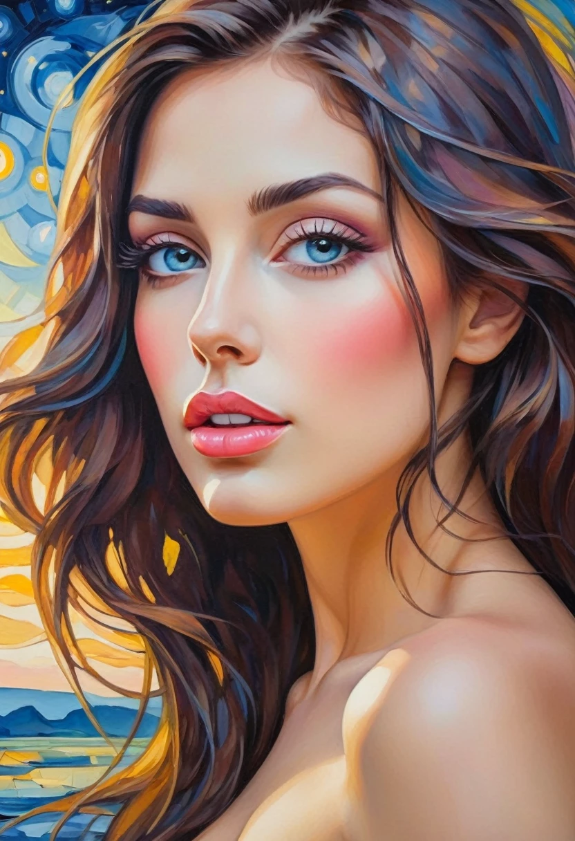 (best quality,realistic,highres:1.2),soft toned, oil painting,impressionistic strokes,From Cubism, Fauvism to Surrealism and Abstractionism, woman, beautiful eyes,beautiful lips,flowing hair, their art concept and pattern all have been embodied in fashion design,Fresh light blue, light yellow, light pink,.Starry Sky background, cleavage, sexy, thigh