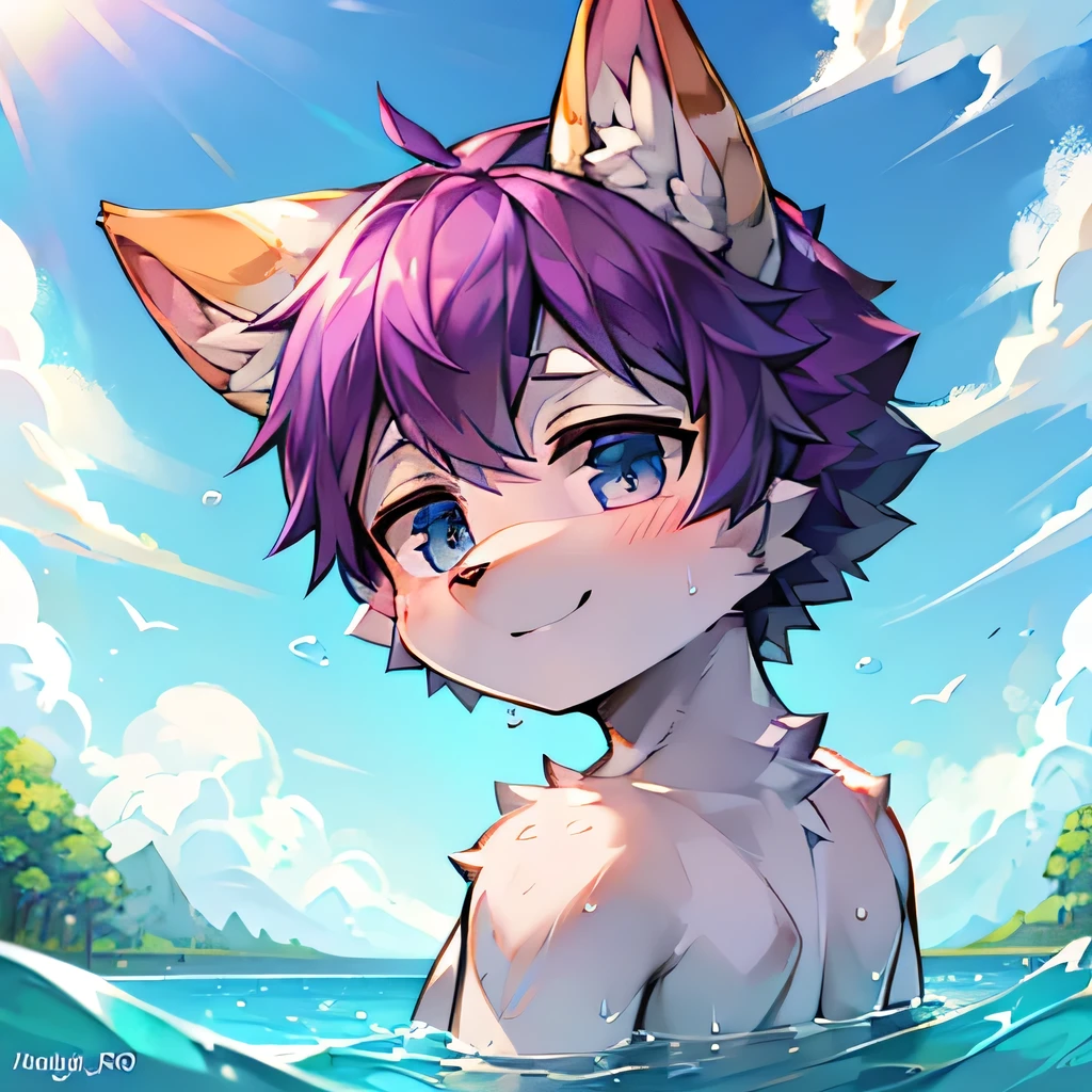 HD high resolution wild bandage short hair hair ahog furry wolf ears clouds sky summer sky no spots cub purple hair purple fur everywhere wolf ears wolf type fluffy big tail masterpiece high quality portrait human cub beard boy style full photo super cute face one person pupil is blue happiness pattern no one has wolf ears swimming in the sea swimming in the sea swimming in the water circle smile