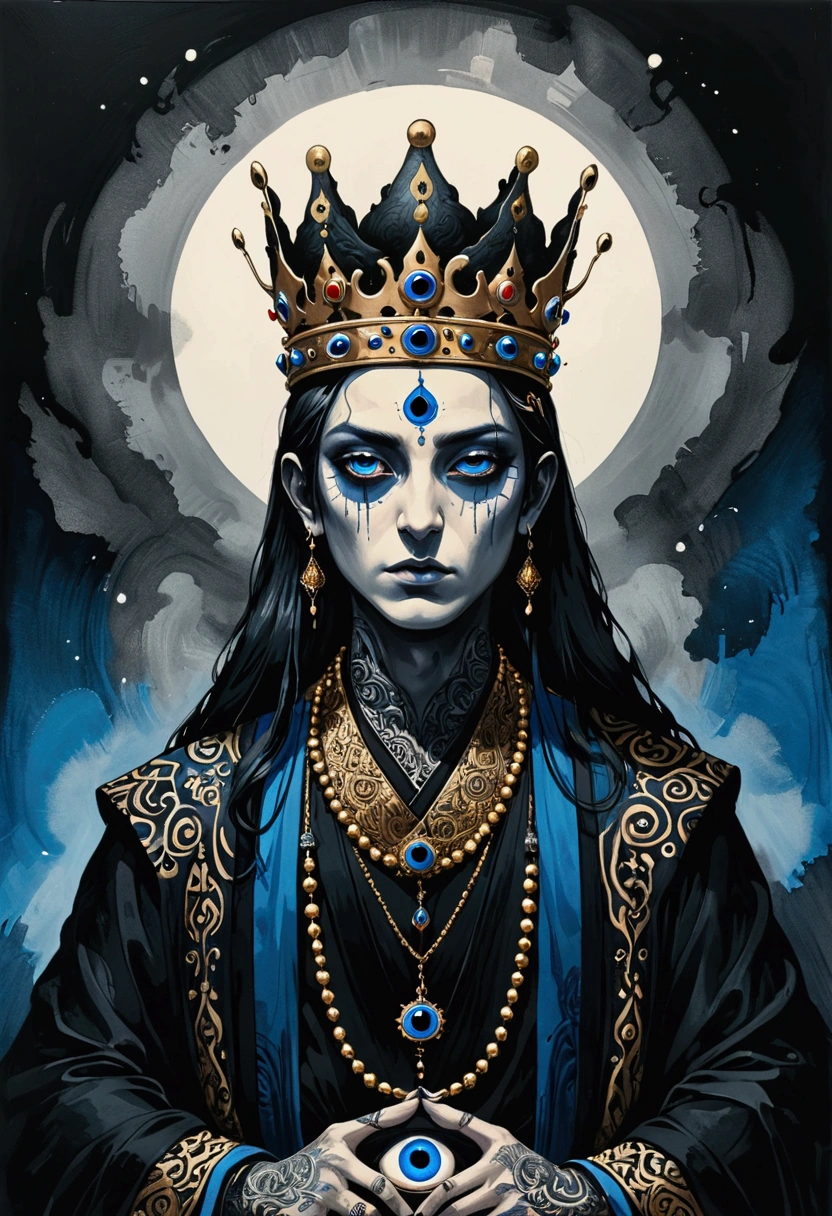 Ink Painting,Third Eye Vision。king,crown,3d,Dark eyeshadow,whole body,robe,Wide Angle,Black and blue
