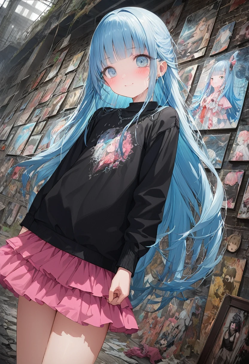 masterpiece, best quality, extremely detailed, (illustration, official art:1.1), 1 girl ,(((( light blue long hair)))), ,(((( light blue long hair)))),light blue hair, , long hair ((blush)) , cute face, big eyes, masterpiece, best quality,(((((a very delicate and beautiful girl))))),Amazing,beautiful detailed eyes,blunt bangs((((little delicate girl)))),(((tareme))),droopy eyes.(true beautiful:1.2), sense of depth,dynamic angle,,,, affectionate smile, (true beautiful:1.2),,(tiny 1girl model:1.2),)(flat chest), (masuter piece:1.2、top-quality)、(Live action、Intricate details)、(1lady、solo、The upper part of the body、) garments: Edgy、Black jumper、Pink mini skirt、Avant-garde、、Dramatic makeup、Unconventional fashion choices behavior: rebel、Runaway Ladies Leader、secretary-general、Black jumper、Pink mini skirt、Anti-system、Provocative Location: urban art district、Underground Music Scene Hobbies: Bad girl、Create mixed media art、Experiment with different subcultures values: individuality、authenticity、Creative Expression Inspiration: Runaway Ladies Leader、secretary-general、Counterculture icons、Nature: boldness、Unconventional。