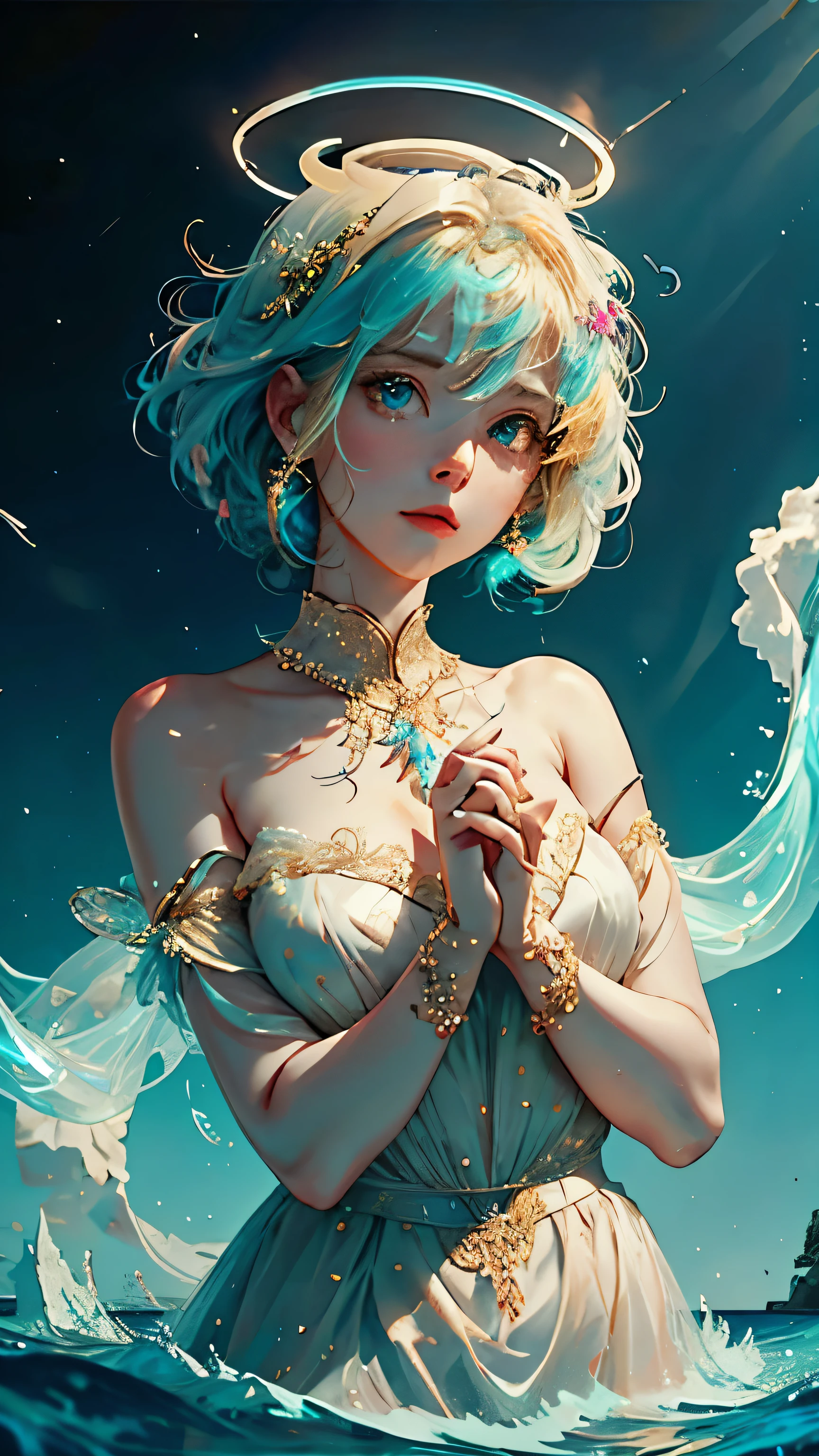 (Best quality), ((masterpiece)), 1 girl,(solo),bust, Delicate face, Looking at the audience, Determined gaze, Expose bare shoulders,Delicate hands, A celestial being, Light Particles, Halo,ocean, Energetic, Colorful colors, (Bioluminescence),(Detailed composition), light
