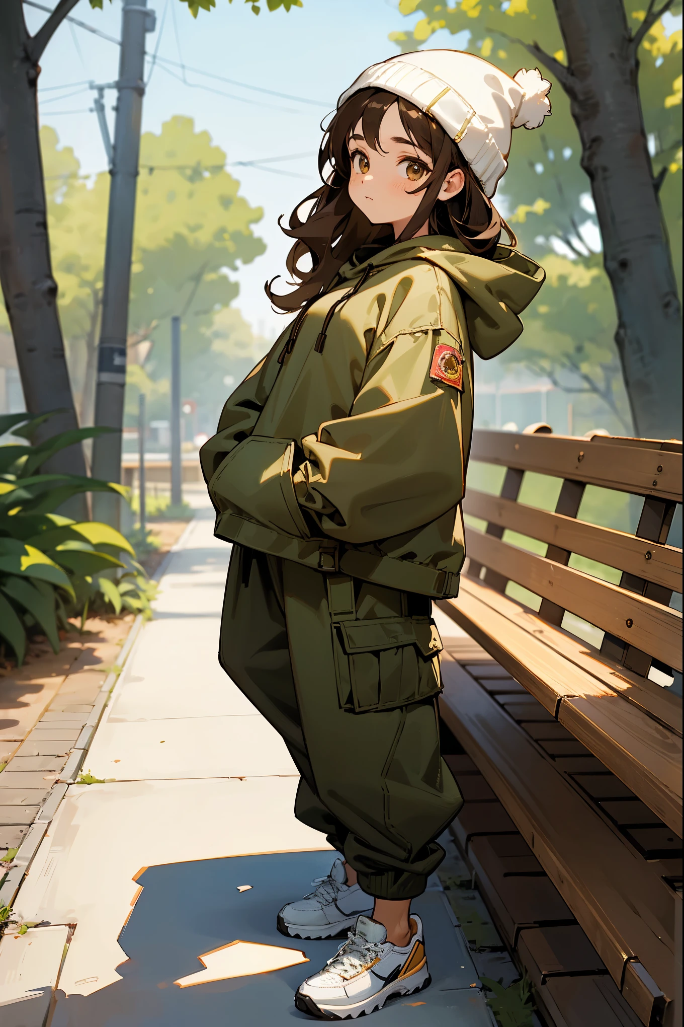 1female, deep brown hair, styled in loose waves, hazel eyes, relaxed expression, oversized cream hoodie with a subtle graphic, baggy olive green cargo pants, white sneakers, a simple black beanie, cozy urban park background with benches and trees, detailed face, hands to side, standing on path