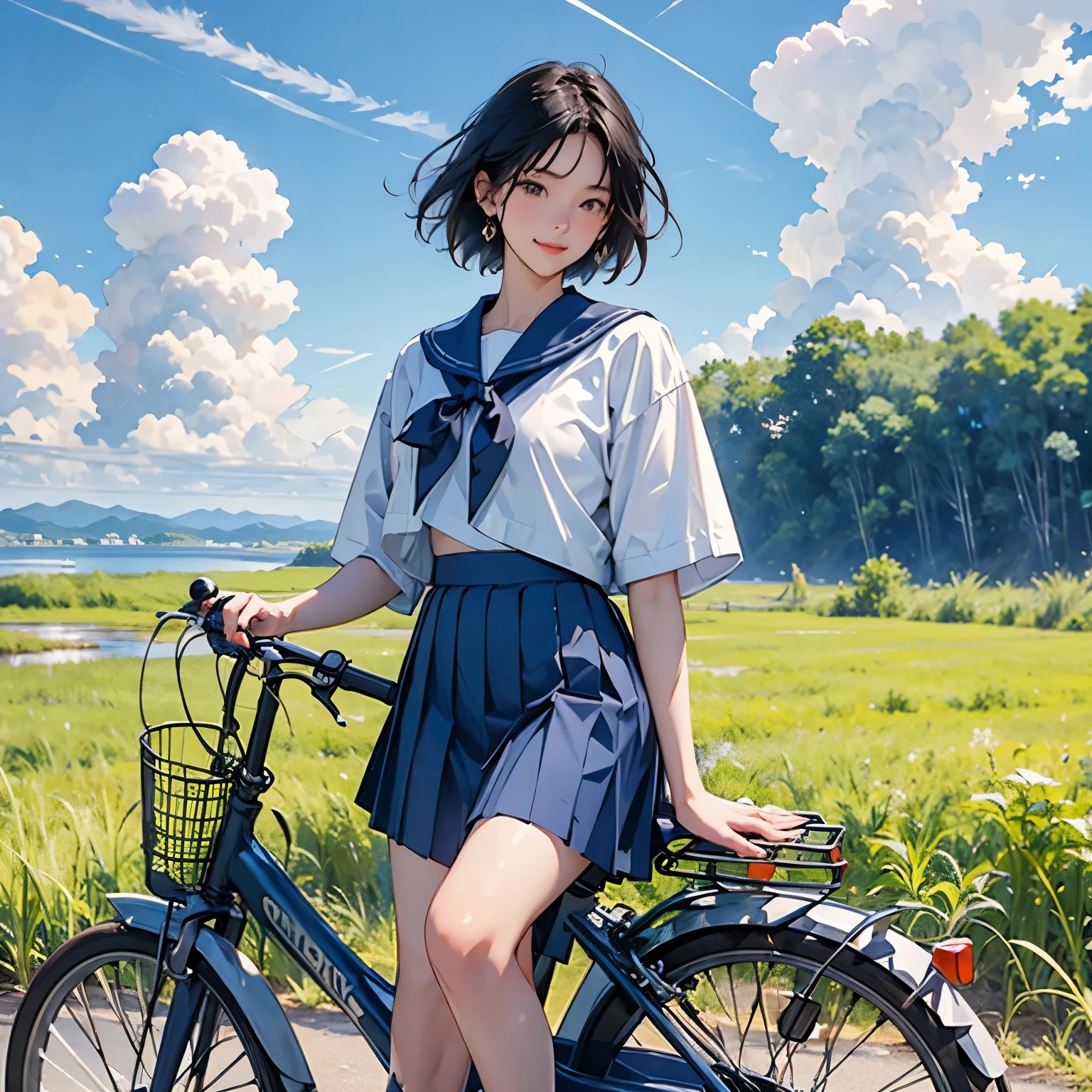 A girl is riding a bicycle alone、Beautiful 18 year old Japanese woman、Hair color is black、black eye、Medium Hair、short hair、Straight hair、smile、slender but well-proportioned body,、I'm wearing a sailor suit、Short sleeve、Wearing a navy blue pleated skirt、Short skirt、Wear loafers、School Bags、summer、countryside、Long concrete road、A little overgrown grass、electric wire、electric wire、Beautiful blue sky and white cumulonimbus clouds、Beautiful sea、Birds are flying、Highest quality、detailed、