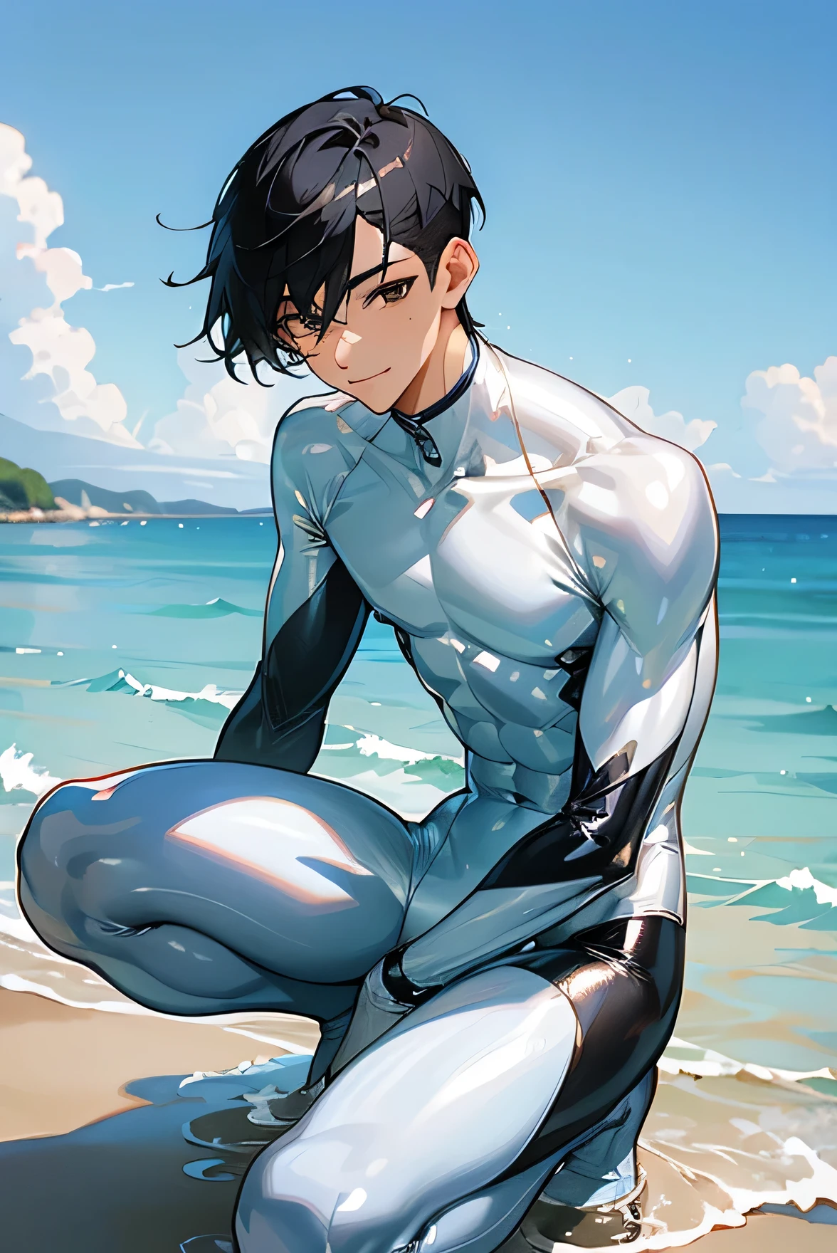 Handsome Japanese male models Black Hair Short cut Shaved head Slim figure smile looking at the camera soaked Ocean Shiny white and silver suit Shiny silver latex suit Compression Suit Mega Bulge Bright blue sky up dynamic pose クローズup Upper Body Get down on one knee squat Leg spread