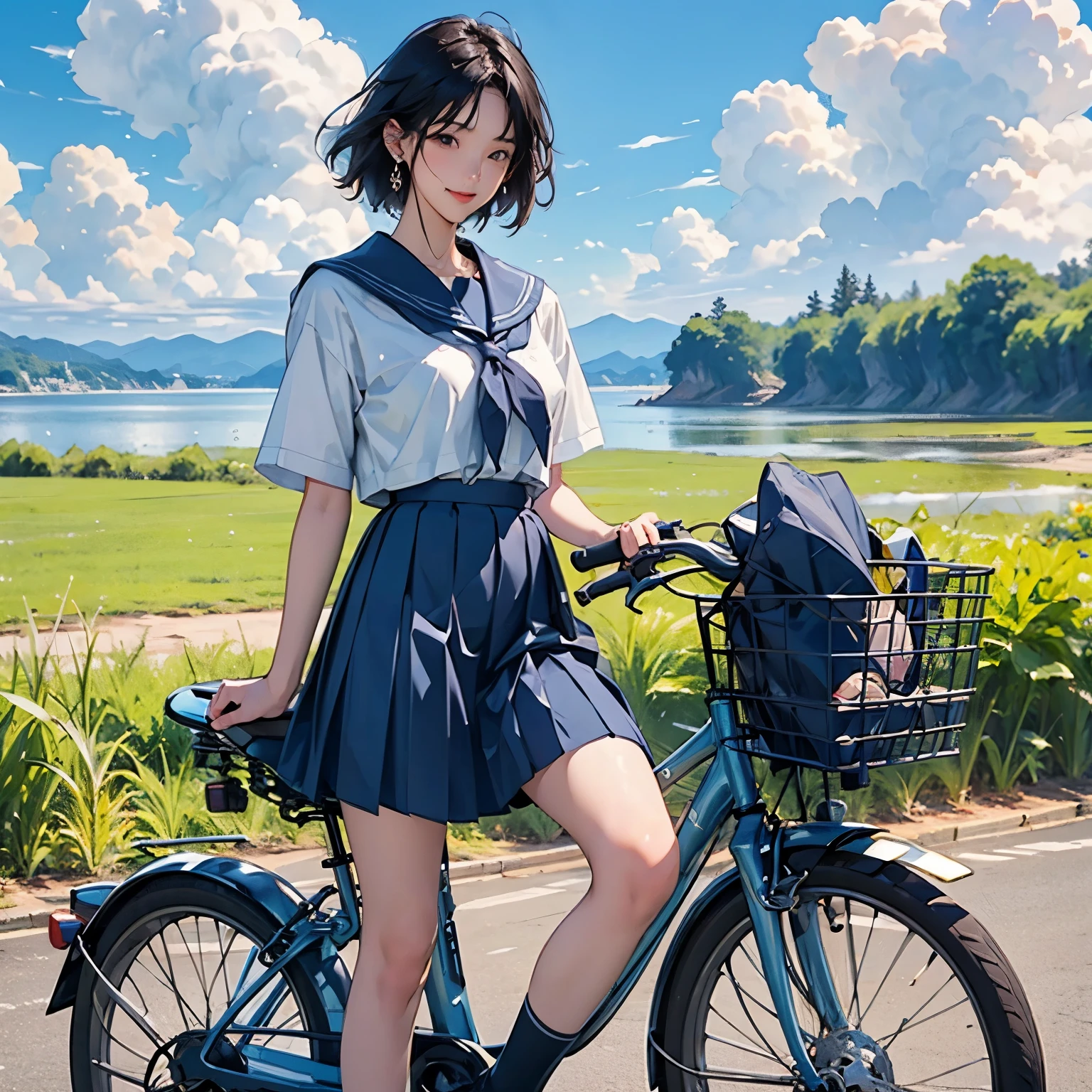 A girl is riding a bicycle alone、Beautiful 18 year old Japanese woman、Hair color is black、black eye、Medium Hair、short hair、Straight hair、smile、slender but well-proportioned body,、I'm wearing a sailor suit、Short sleeve、Wearing a navy blue pleated skirt、Short skirt、Wear loafers、School Bags、summer、countryside、Long concrete road、A little overgrown grass、electric wire、electric wire、Beautiful blue sky and white cumulonimbus clouds、Beautiful sea、Birds are flying、Highest quality、detailed、