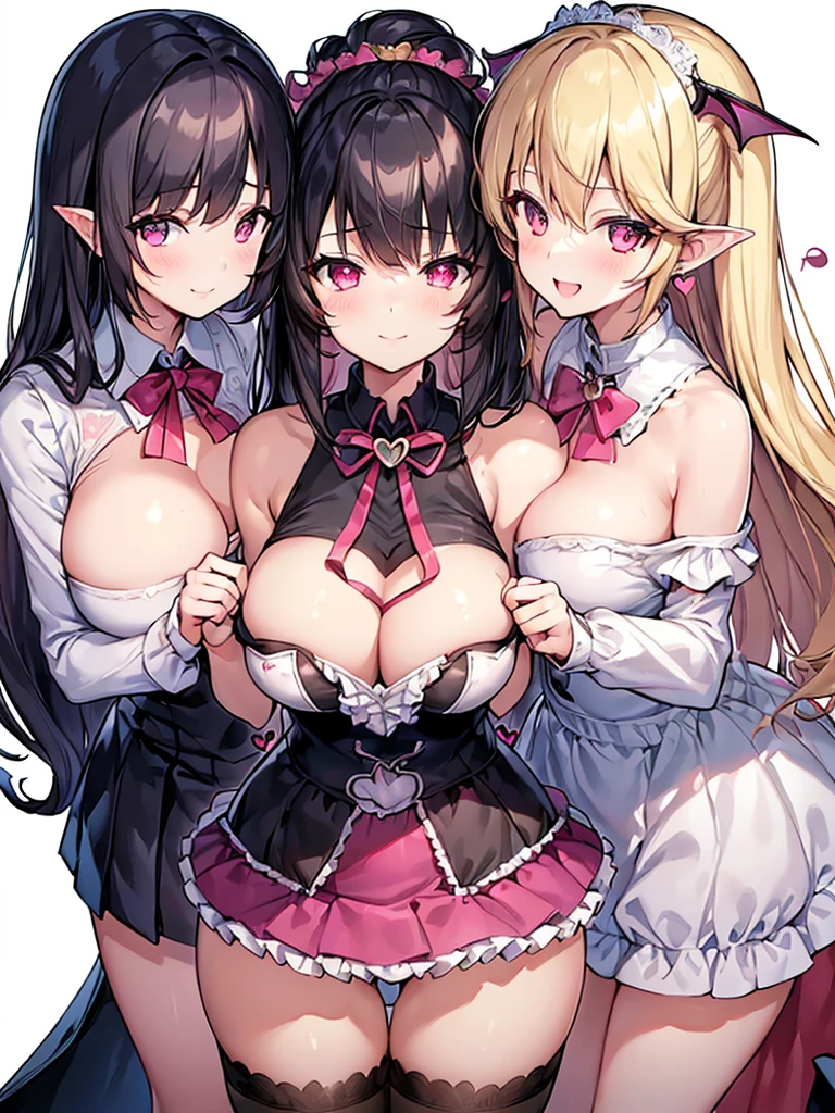 Highest quality, Super Fine, 16K, Very detailed, delicate and dynamic, cute woman, Baby Face,Black Hair, Pink Eyes, Detailed eyes, sauce_anime, Attention to detail, hair ornaments,Both sides up,smile, Young characteristics, View your viewers, (White Background:1.3),Fluffy sleeves, Fluffy hair、Elementary school girl, Put your hands on your face, Barrette、Black Stockings,Are standing, underwear,age Girl、belly button、skirt、cute、Beautiful illustrations, Highest quality, cute女の子,beautiful girl、Clear Face, pastel colour ,Blonde, smile、blush、にこやかなsmile、Thighs、(Two Girls:1.1)、Perfect hands、Five fingers、Facing each other,(Three Women:1.4), Three Succubus (symmetrical succubus wings), (triplets:1.2), (ribbon:1.1), (Both sides up), tie, Bree, Earrings, Suspicious Face, (White Background:1.3), alicious smile, Scars and disfiguring facial features, Young characteristics, Long sleeve, Fluffy sleeves, Fluffy hair, (Laughing with your mouth open), Chiquita, huge , (Put your hands on your face), Ruffled uniforms, Barrette, (laugh at:1.1), Looking down, Angle from behind, Respected by women, (Upward gaze:1.2), (hearts symbol:1.5), (Heart:1.5), (Heart effect:1.5), (Heart symbol:1.5), Devil's Tail, Demonic Taiucubus, (super huge tits:1.3), (Heart Tattoo:1.3), Yodare, Devil's Tail, Chest position, GirlSandwichFaceSandwich (confused and blushing,cuteAhegaoポーズ), Embrace each other, catch, そしてサンドイッチを作ってサンドイッチにEmbrace each otherポーズ, (Bury the boy's face in her cleavage:1.3), Front and back view of the sandwich, Displeased expression 4p, Boy looking away Face sandwiched between boobs Ahegao