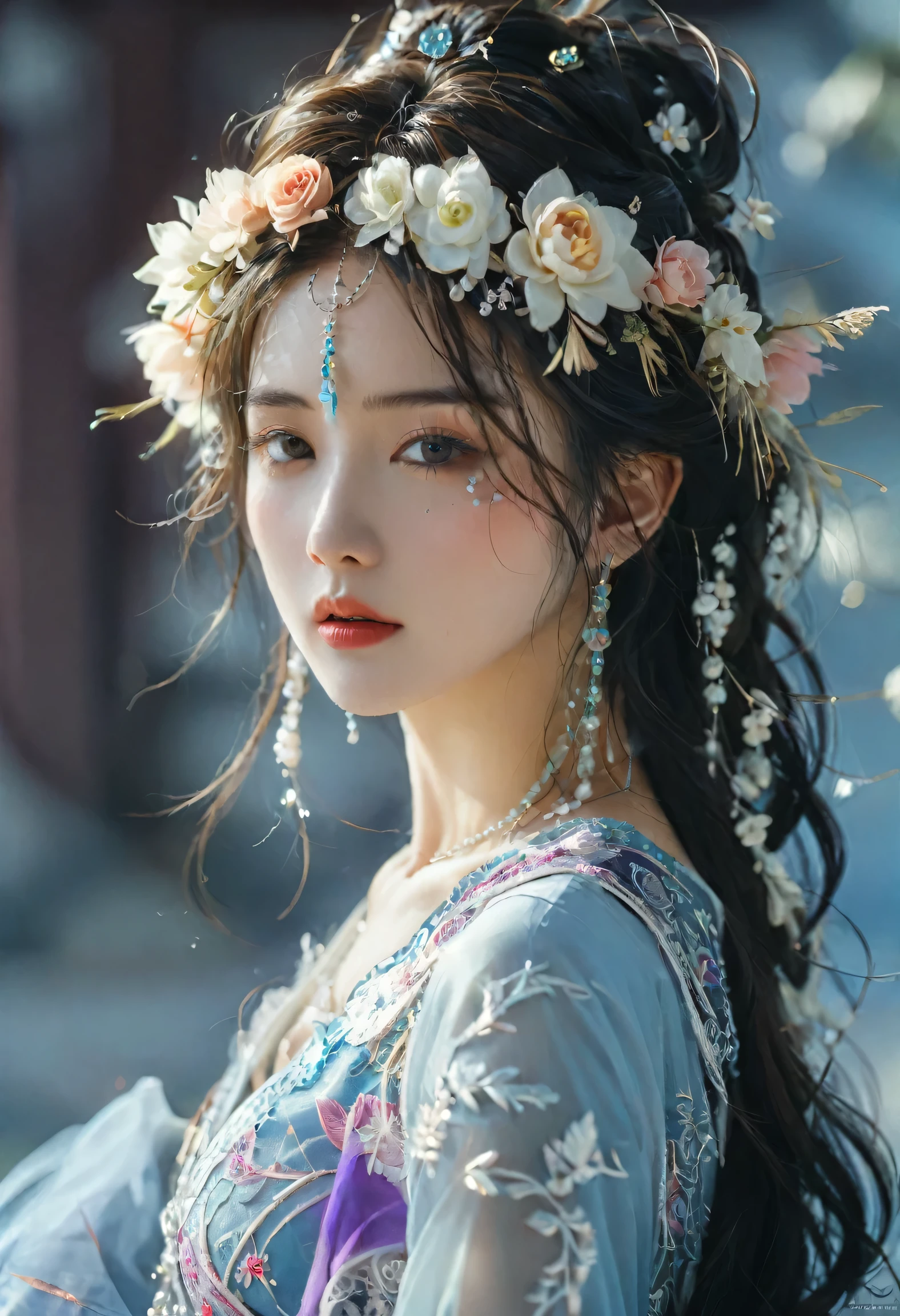 arafed woman in a dress with a flower crown on her head, a stunning portrait of a goddess, a beautiful fantasy empress, traditional beauty, beautiful oriental woman, portrait of a beautiful goddess, wearing an ornate outfit, wearing ornate clothing, extremely detailed goddess shot, ((a beautiful fantasy empress)), dressed in ornate, goddess. extremely high detail, ornate clothing