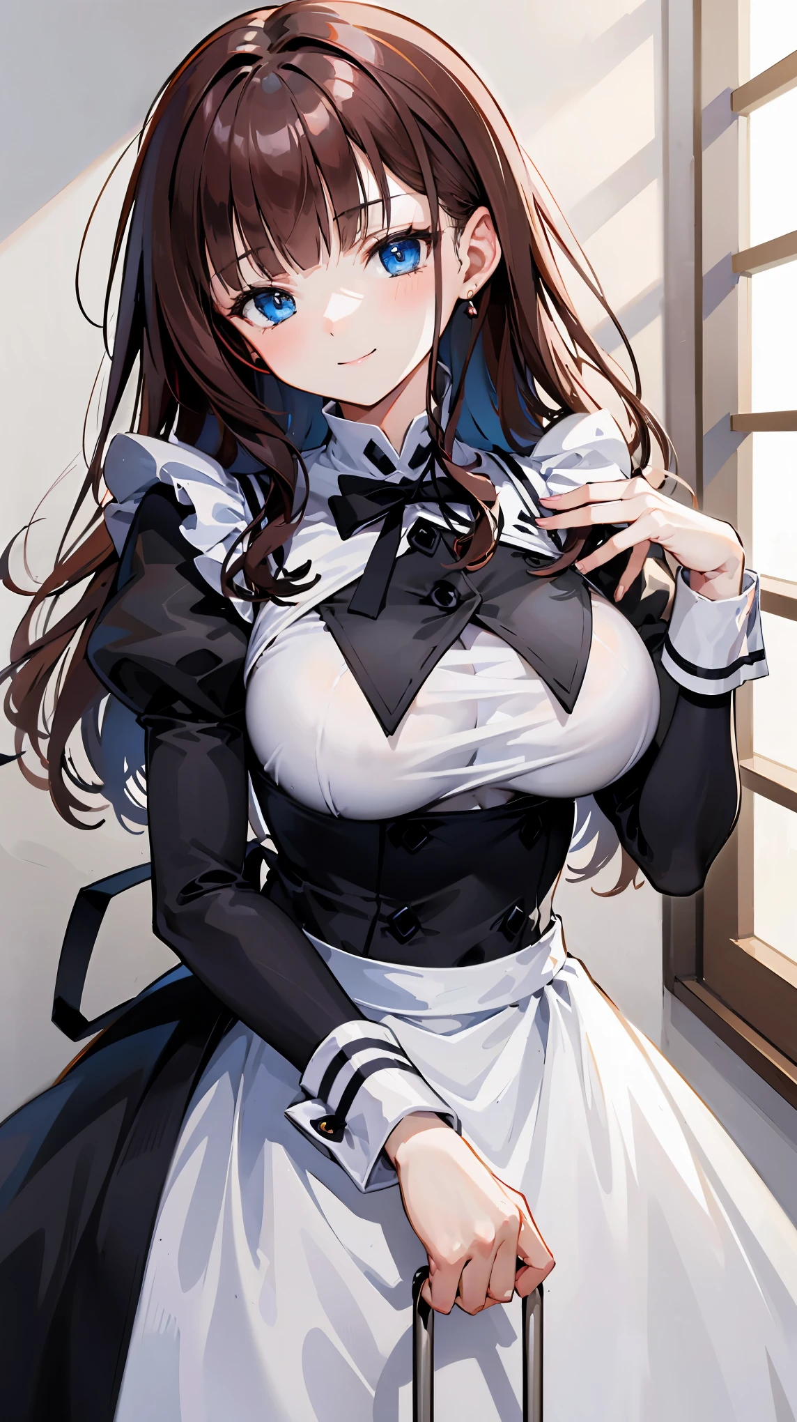 High resolution,masterpiece, Highest quality, Kuo Shenlin , heterochromia , Brown hair, smiling , (((busty))),1girl, sensual body, Her cheeks flushed , maid , shopping