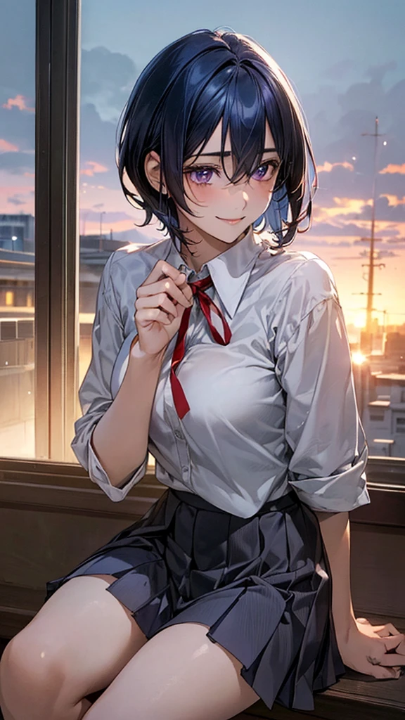 (masterpiece:1.2, Highest quality), (Realistic, photoRealistic:1.4), Beautiful illustrations, (Natural Side Lighting, Cinema Lighting), Browsing Caution,
View your viewers, Panty shot, Front view:0.6, 1 girl, Japanese, high school girl, Perfect Face, Cute and symmetrical face, Glowing Skin,
(short hair:1.2, Shaggy Cut:1.2, Dark blue hair), Hair between the eyes, Purple eyes, Droopy eyes, Long eyelashes, (Large Breasts:0.6),
Beautiful Hair, Beautiful Face, Beautiful attention to detail, Beautiful clavicle, Beautiful body, Beautiful breasts, Beautiful thighs, Beautiful feet,
((Symmetrical clothing, White collared shirt, Light grey pleated skirt, Red neck ribbon)), Black socks,
(Beautiful views), morning, School rooftop, squat, (Cute smile, Upward glance),
