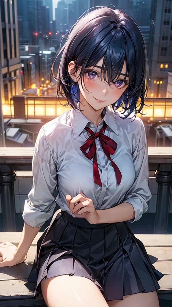 (masterpiece:1.2, Highest quality), (Realistic, photoRealistic:1.4), Beautiful illustrations, (Natural Side Lighting, Cinema Lighting), Browsing Caution,
View your viewers, Panty shot, Front view:0.6, 1 girl, Japanese, high school girl, Perfect Face, Cute and symmetrical face, Glowing Skin,
(short hair:1.2, Shaggy Cut:1.2, Dark blue hair), Hair between the eyes, Purple eyes, Droopy eyes, Long eyelashes, (Large Breasts:0.6),
Beautiful Hair, Beautiful Face, Beautiful attention to detail, Beautiful clavicle, Beautiful body, Beautiful breasts, Beautiful thighs, Beautiful feet,
((Symmetrical clothing, White collared shirt, Light grey pleated skirt, Red neck ribbon)), Black socks,
(Beautiful views), morning, School rooftop, squat, (Cute smile, Upward glance),