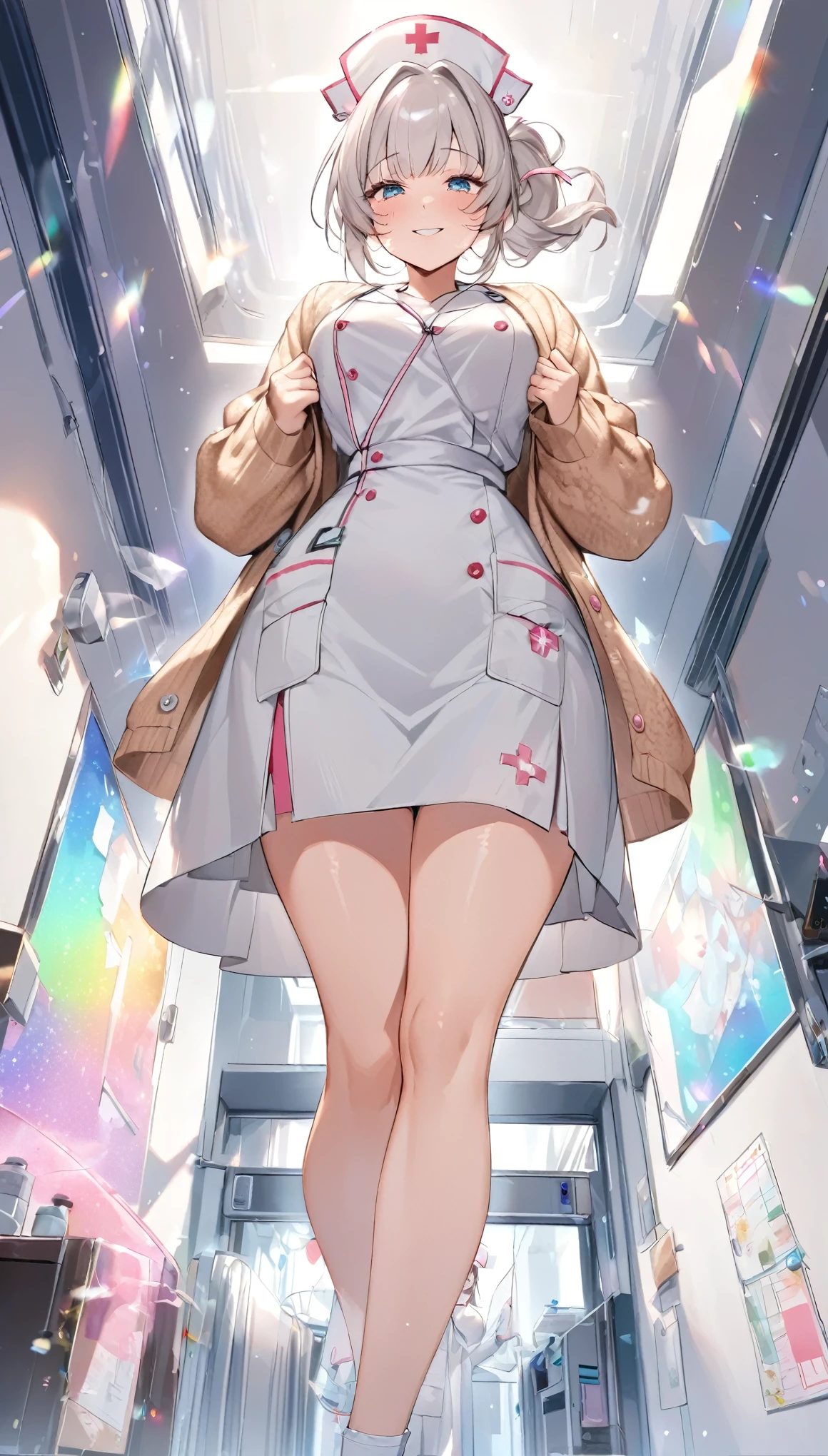 From below, Kind and beautiful nurse, Cool Face, Shy laugh, Outstanding proportions, Wear a loose cardigan over the nurse, glitter effects, Fogging effect