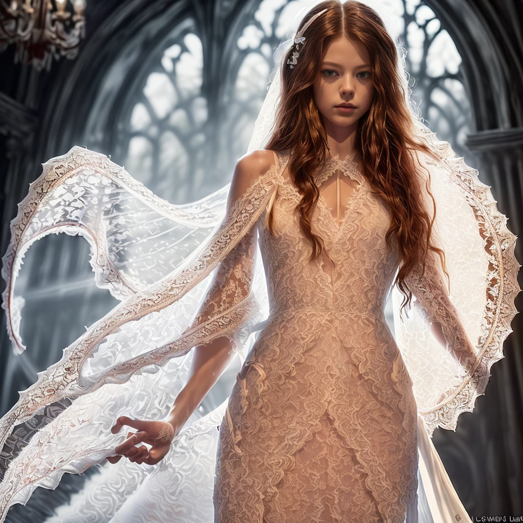 (Mackenzie Foy ginger hair stunning girl, 20 years old, red rose and orchid garden, epic , ( white long lace thin ripped gown:1.8),(long, messy hair, hair floating in the wind:1.6), blue eyes, detailed eyes, detailed lips, ( sensual, full body:1.5), (photo from low angles:1.5), (creepy and scary interior of a Gothic castle,  fog and fog:1.3), low neck, ray tracing, (best quality, 4k, 8k, high resolution, masterpiece:1.2), very detailed, (realistic , photorealistic, photorealistic :1.37), HDR, UHD, masterpiece, professional, vivid colors, bokeh, studio lighting