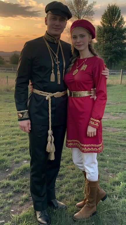 front view, (1 boy and 1 girl is existence), (couple is love),  standing pose ,couple is hug , gaze at each other, (1 man is Russian man,  traditional Russian costumes from the 1930s, Black and White design, Cossack hat, long boots ), (1 woman Russian traditional costumes from 1930s, boots), Russian girl is 20 years-old, (blond hair ,double braid), slime body, Russian girl, 18 age old, (Blond hair, middle hair ,  wince, Gray eyes, beautiful lip,  serious), (gold crescent earrings, gold neckless), (big breasts, slender whist, wide hip) ,(wearing traditional ethnic clothing, including a white and red Sarafan and kokoshnik), traditional shoes, The setting is a rural village during a festival, with people engaging in traditional activities and celebrating their heritage , sunset,  textured skin , HI detailed skin, (foreshortening, Canon, 8K, anatomically correct,  super detail, high details, highness, 