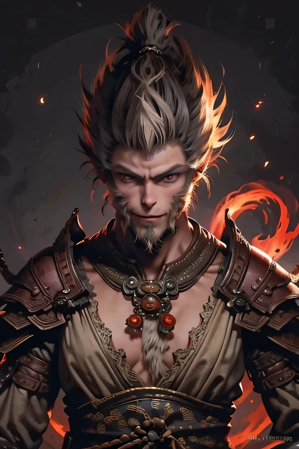 1 person, Fighting Stance, best quality, masterpiece, Perfect body, Delicate face, Perfect anatomical structure, Intricate details,, hair(), sun wukong, Wearing Chinese armor, (Fiery Eyes), Delicate eyes, Red glowing eyes, Grin, Expression, Katsuya Terada Son Goku,Back